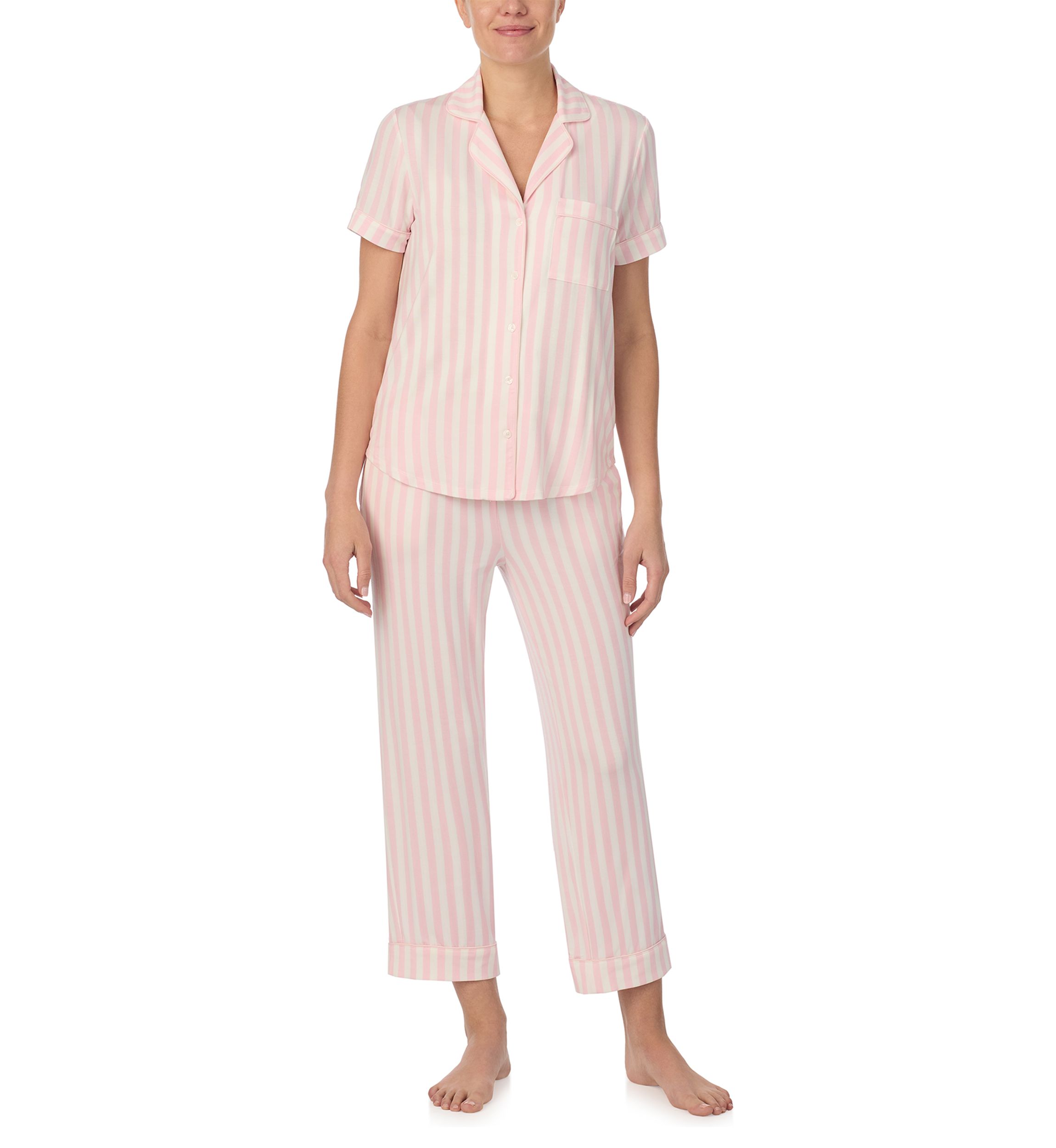 Cropped Stripe Printed Notch Collar Top and Pants Pajama Set