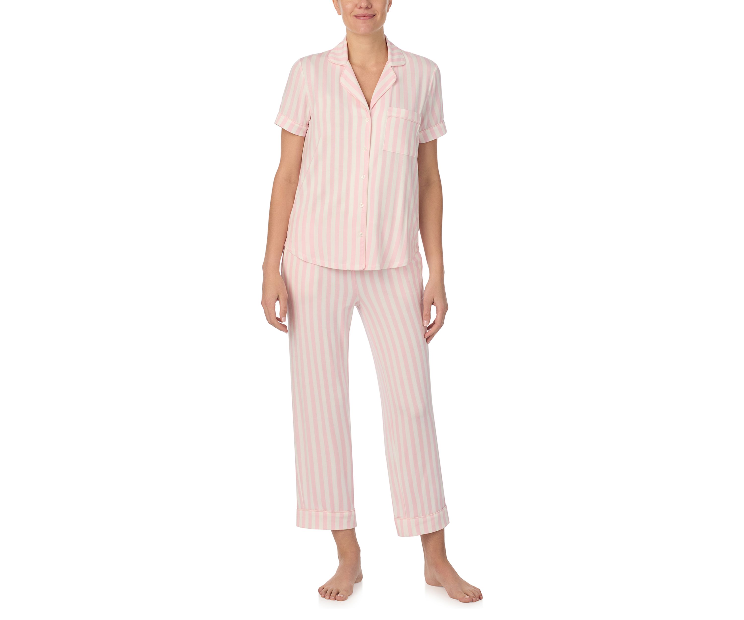 Cropped Stripe Printed Notch Collar Top and Pants Pajama Set