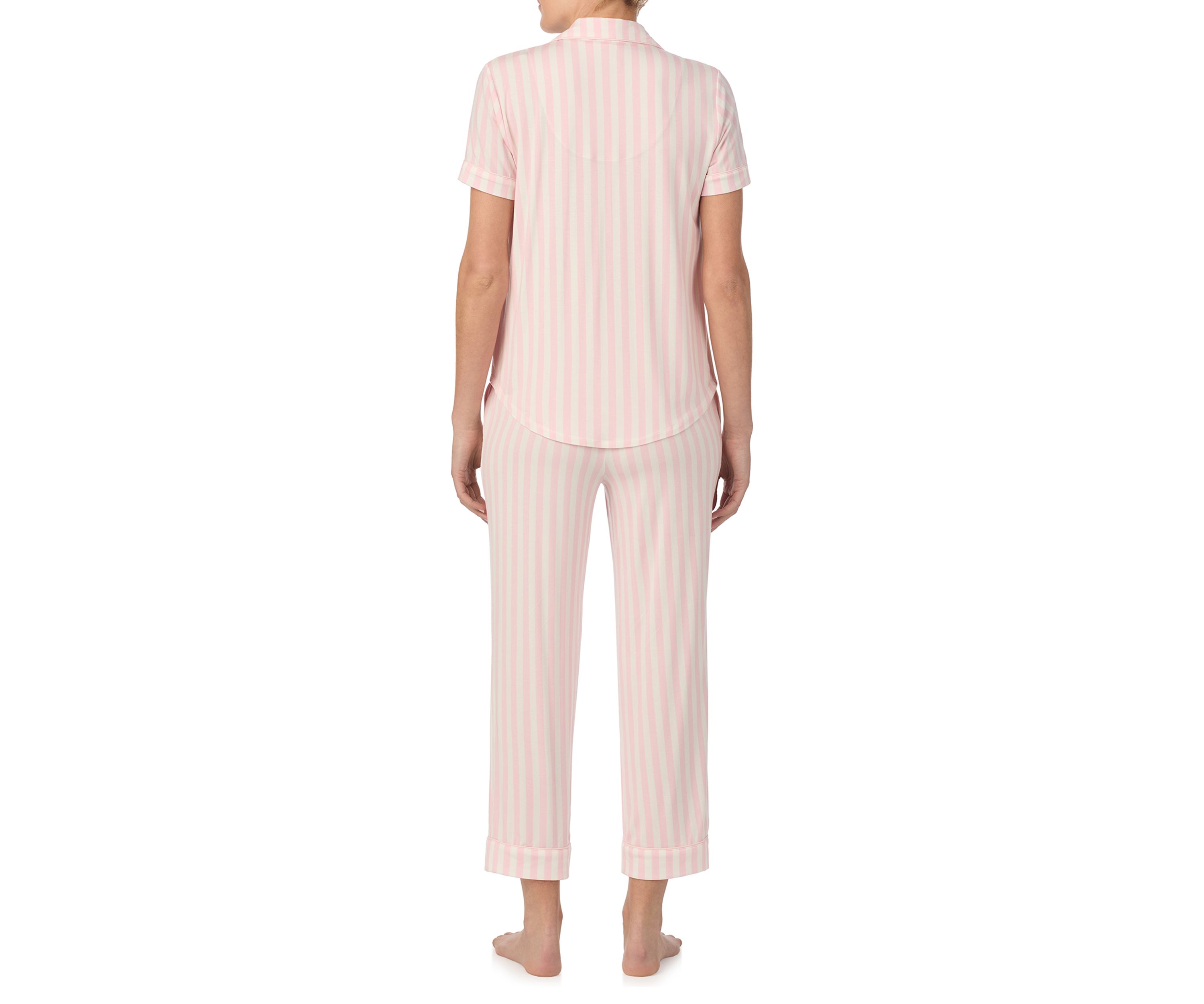 Cropped Stripe Printed Notch Collar Top and Pants Pajama Set