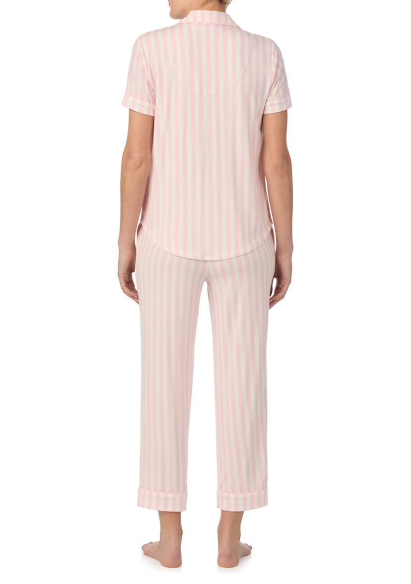 Cropped Stripe Printed Notch Collar Top and Pants Pajama Set