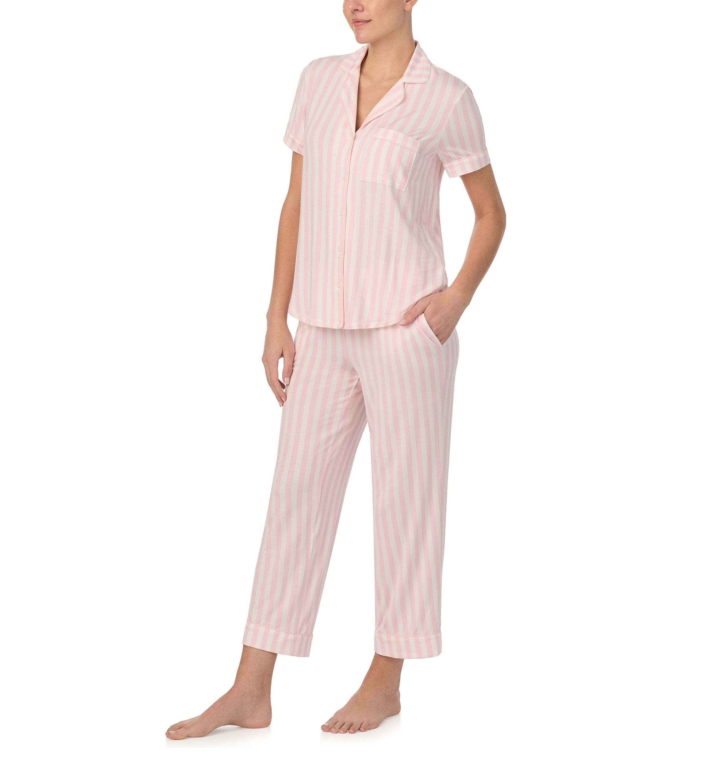Cropped Stripe Printed Notch Collar Top and Pants Pajama Set