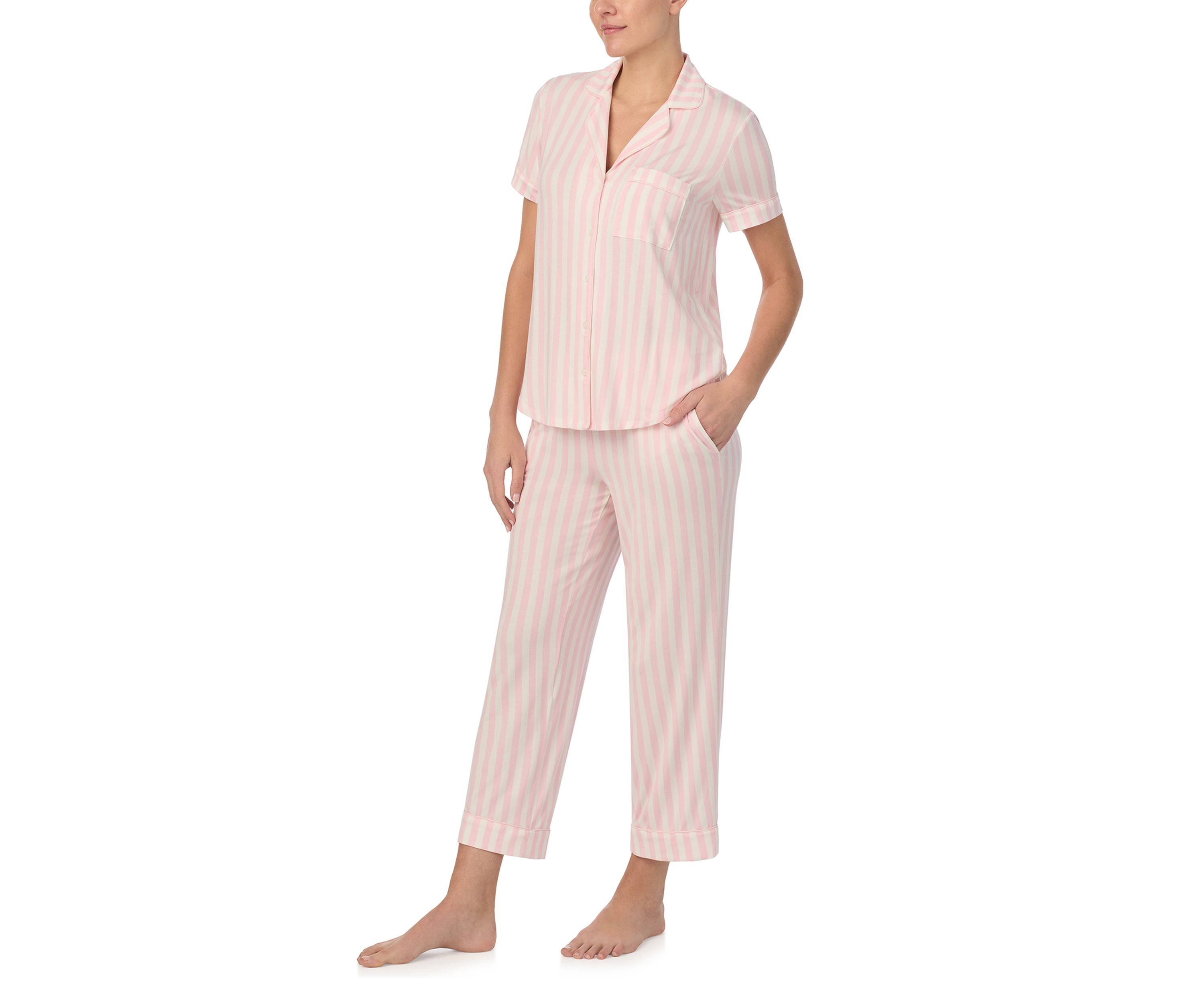 Cropped Stripe Printed Notch Collar Top and Pants Pajama Set
