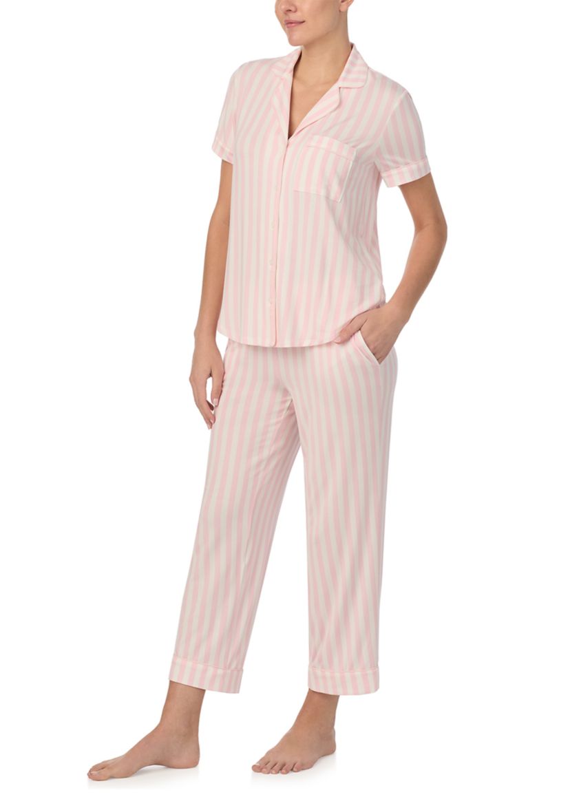 Cropped Stripe Printed Notch Collar Top and Pants Pajama Set