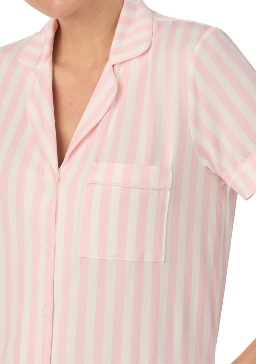Cropped Stripe Printed Notch Collar Top and Pants Pajama Set