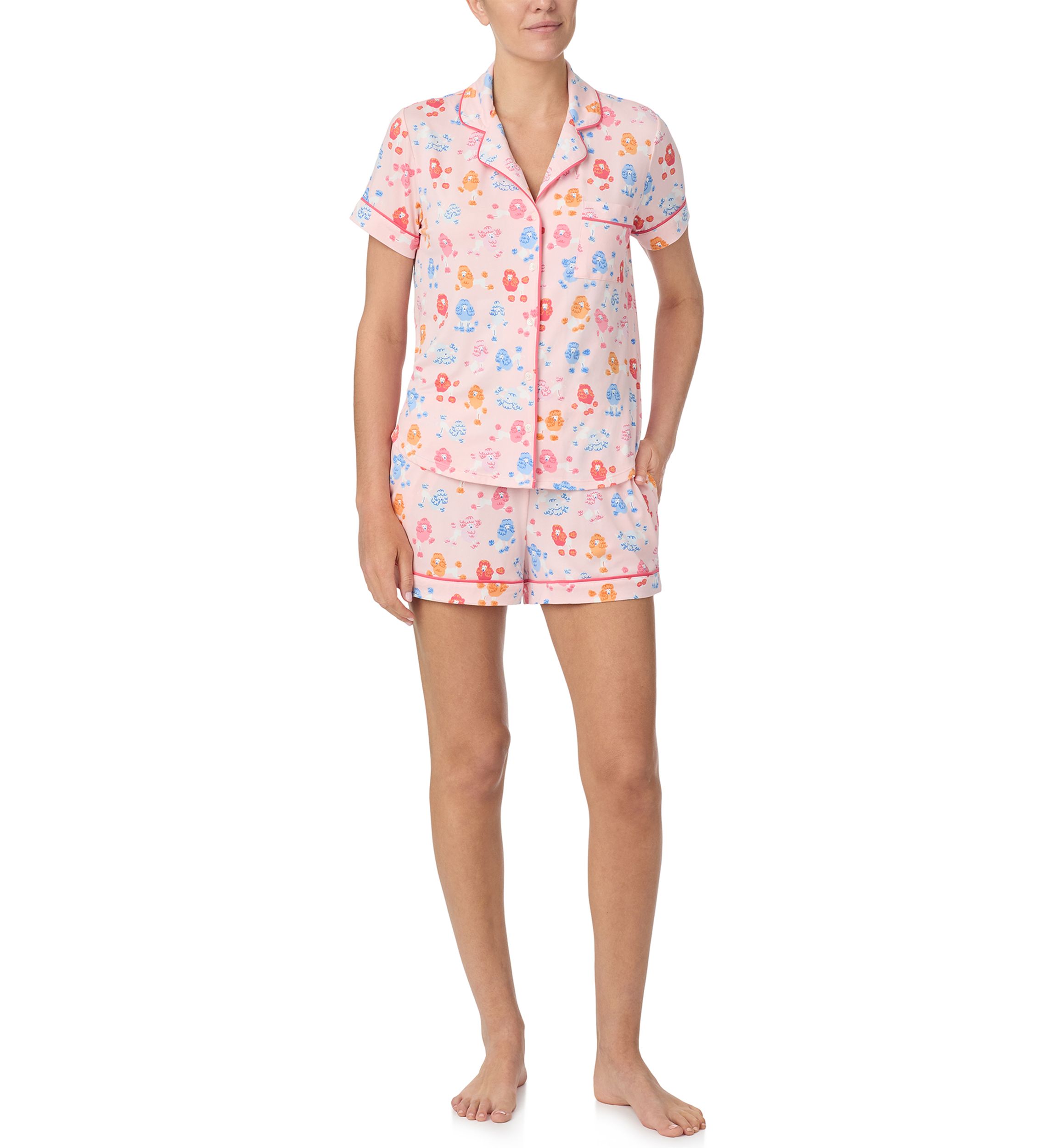 Womens Short Sleeve Notch Collar Shirt and Boxer Shorts Pajama Set