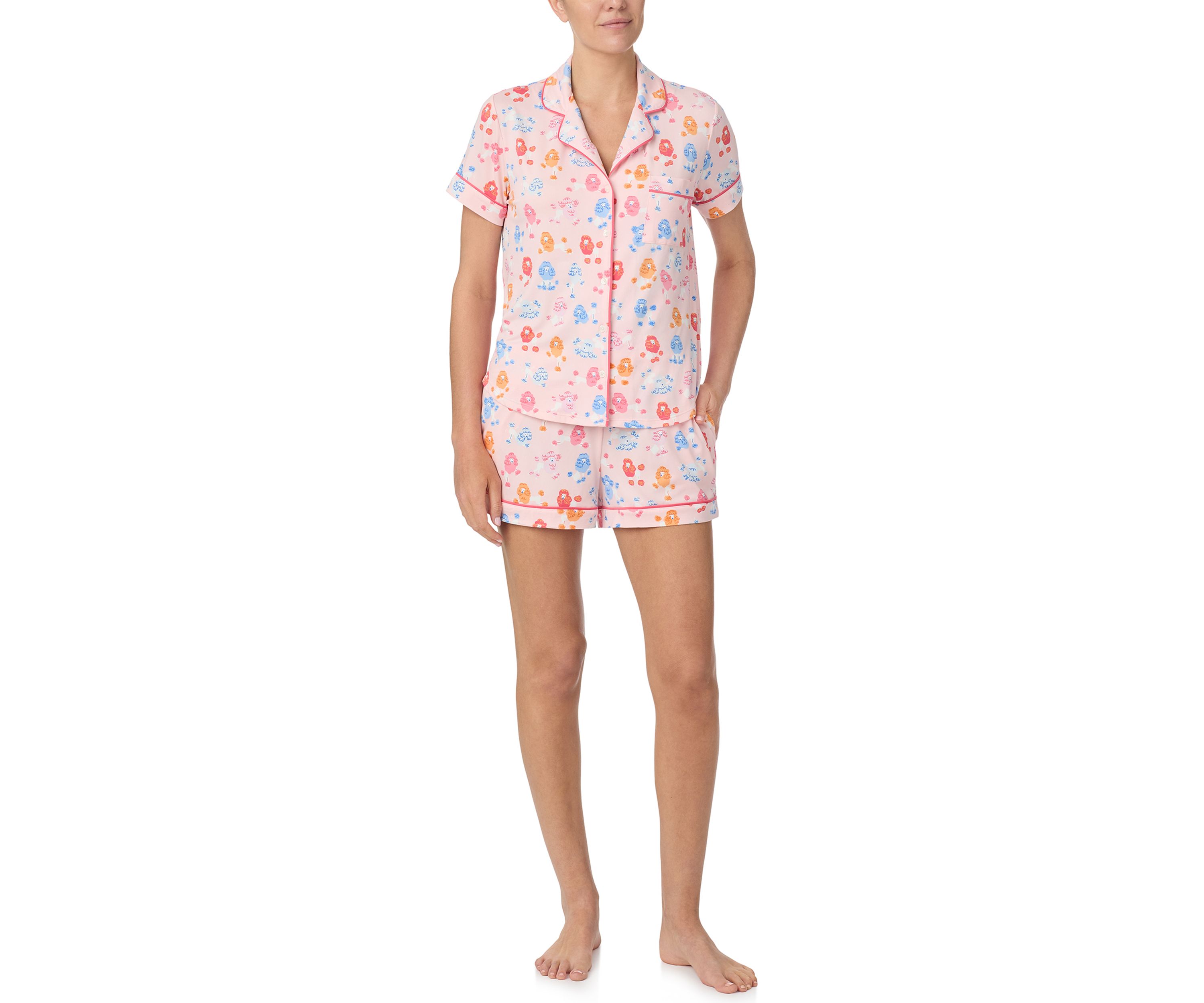 Womens Short Sleeve Notch Collar Shirt and Boxer Shorts Pajama Set
