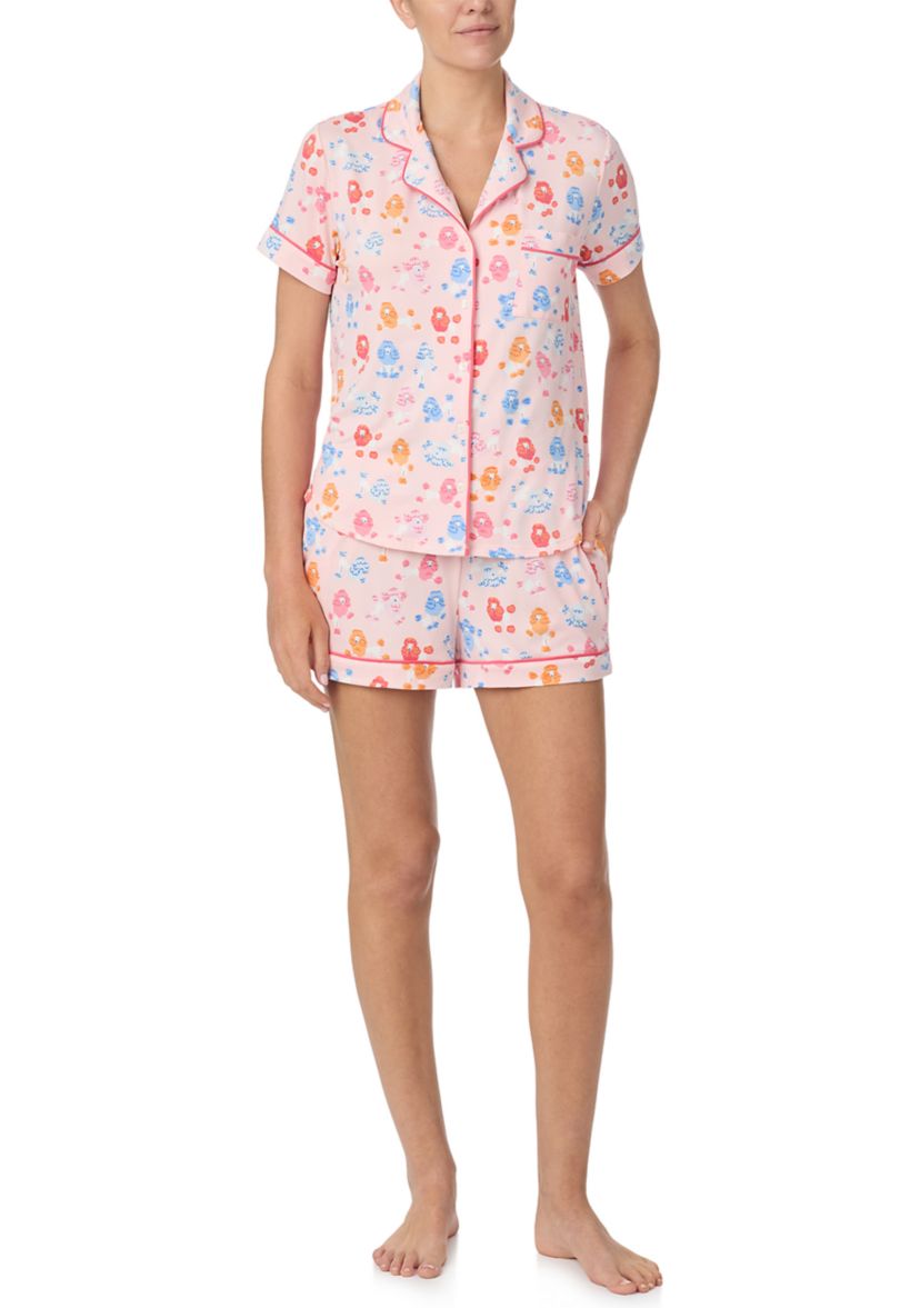Womens Short Sleeve Notch Collar Shirt and Boxer Shorts Pajama Set