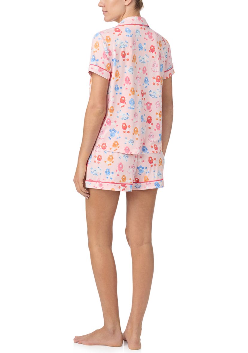 Womens Short Sleeve Notch Collar Shirt and Boxer Shorts Pajama Set