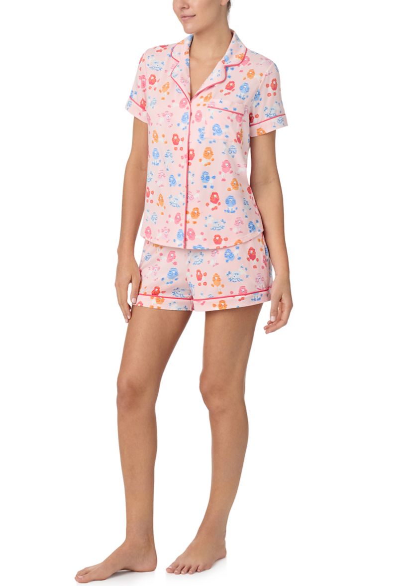 Womens Short Sleeve Notch Collar Shirt and Boxer Shorts Pajama Set