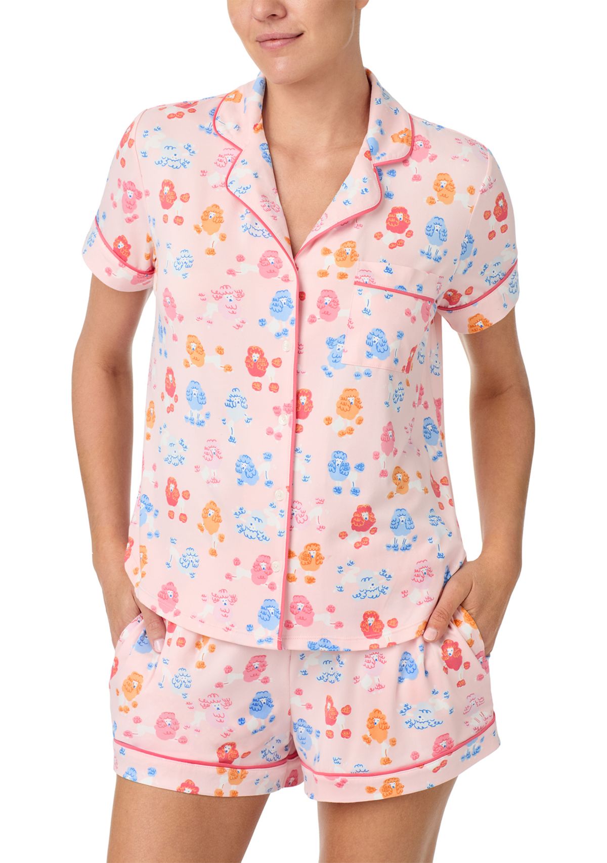 Womens Short Sleeve Notch Collar Shirt and Boxer Shorts Pajama Set