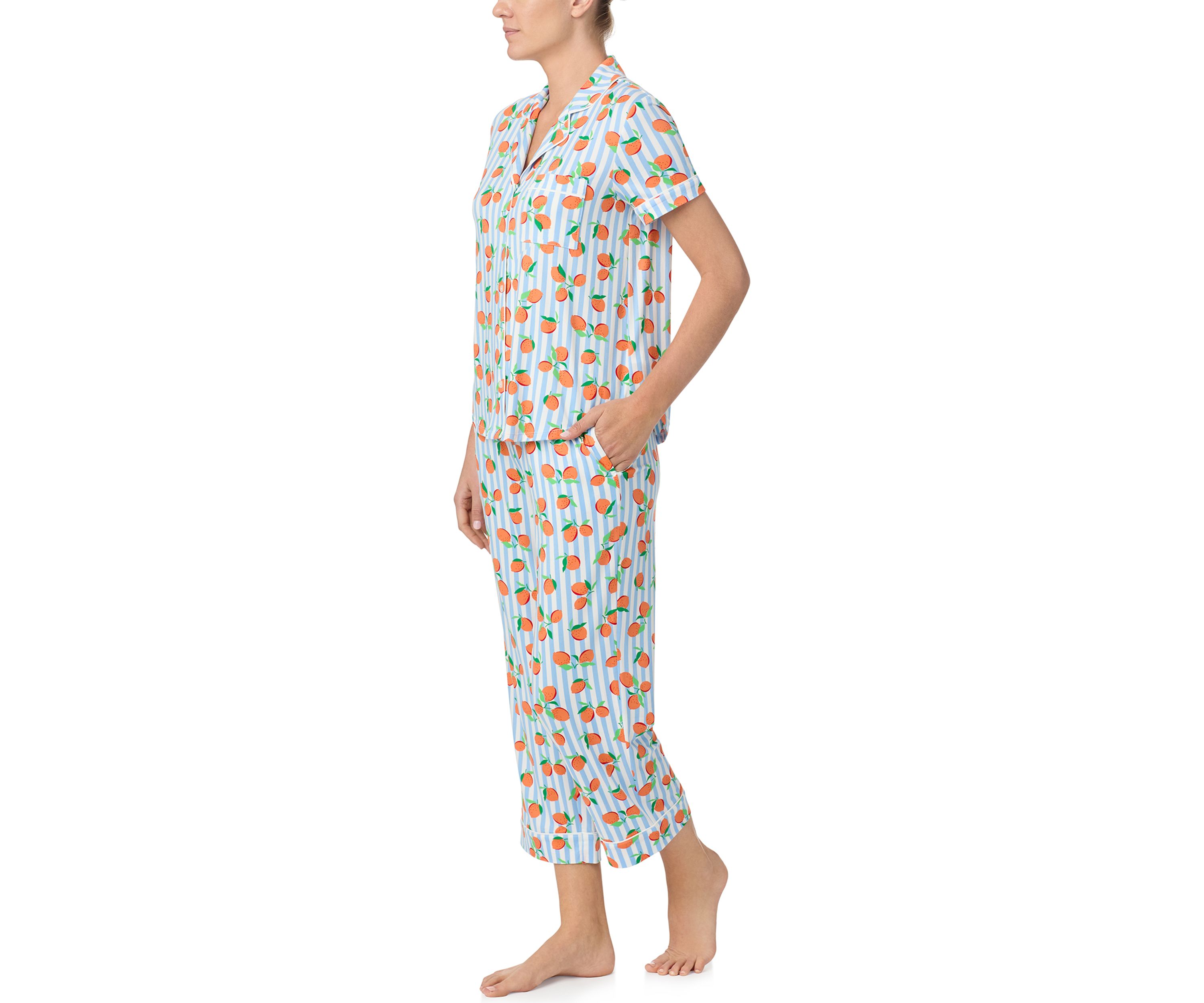Womens Short Sleeve Crop Notch Pajama Set