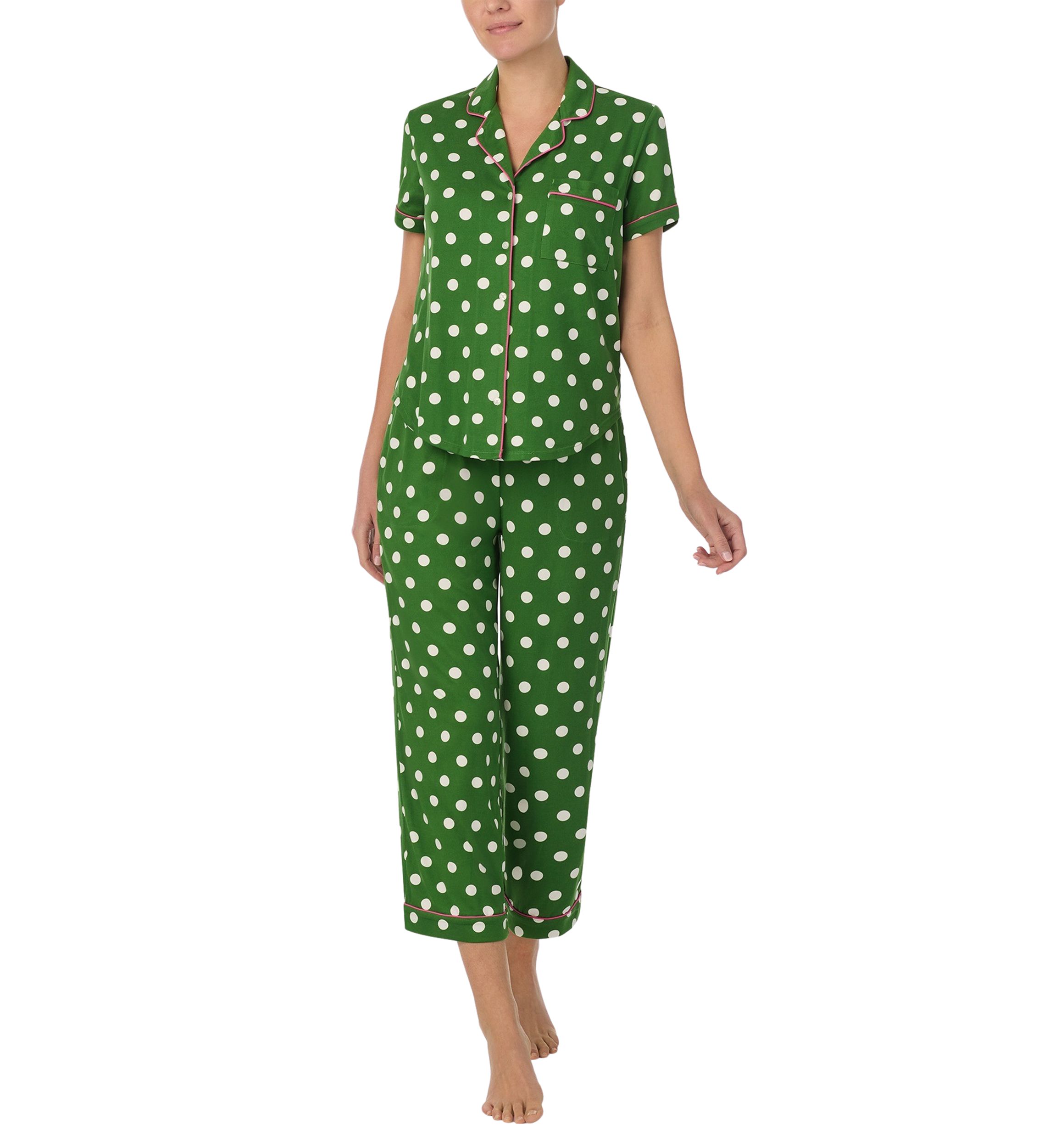 Cropped Dot Printed Notch Collar Top and Pants Pajama Set