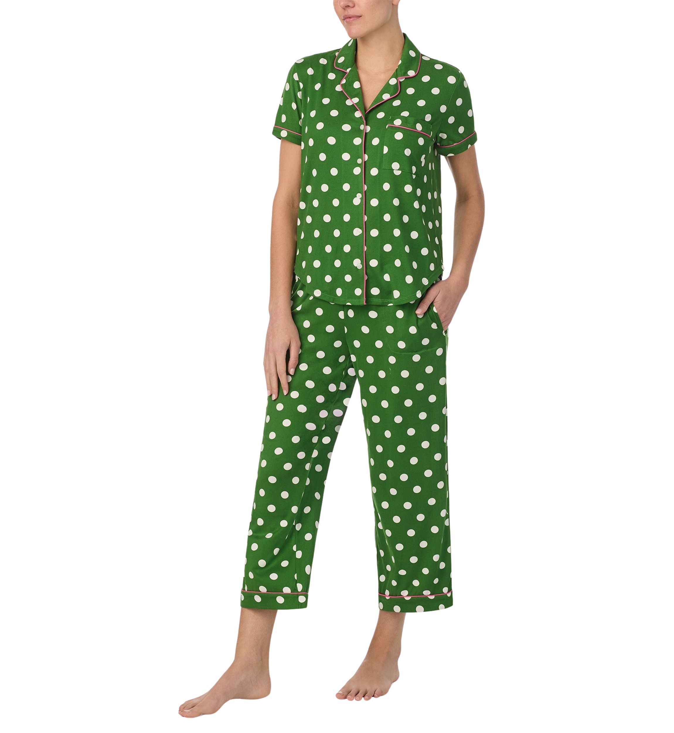 Cropped Dot Printed Notch Collar Top and Pants Pajama Set