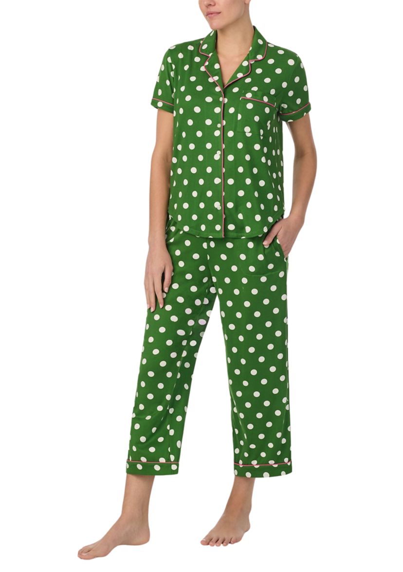 Cropped Dot Printed Notch Collar Top and Pants Pajama Set