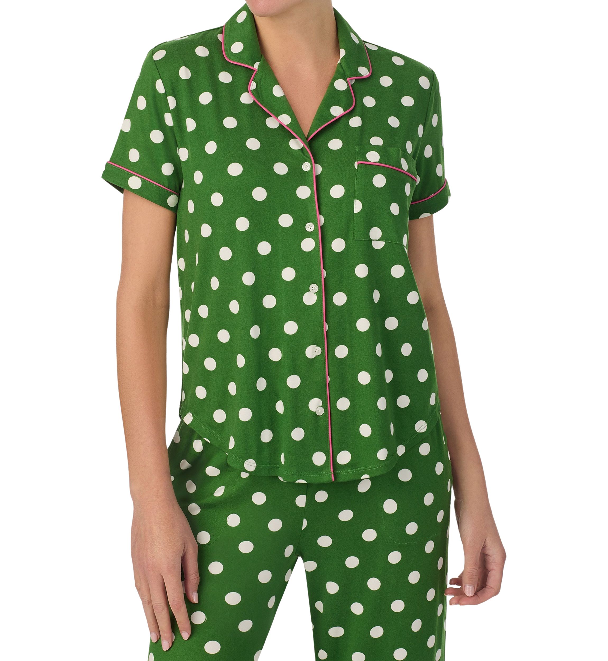 Cropped Dot Printed Notch Collar Top and Pants Pajama Set