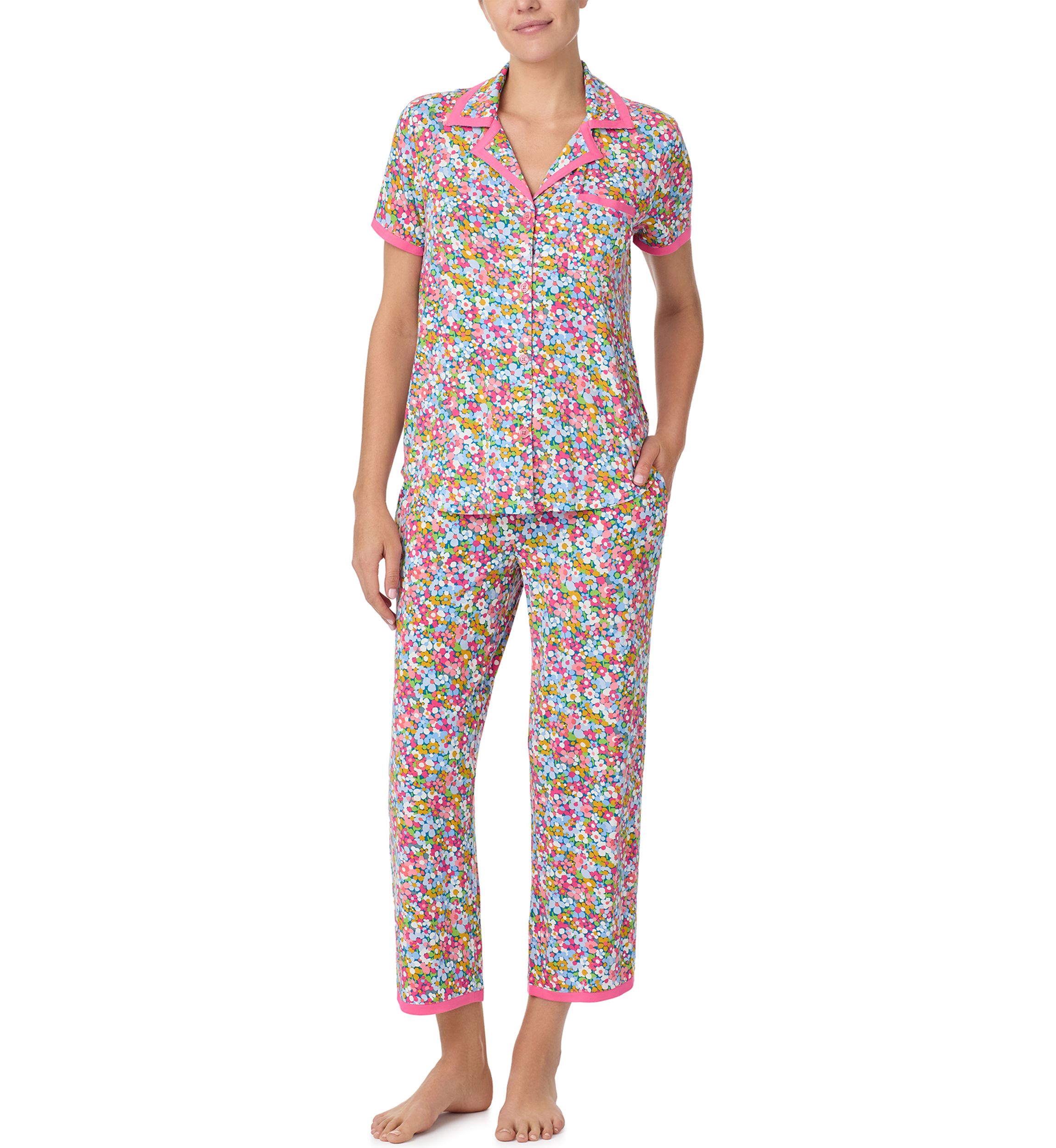Womens Short Sleeve Crop Notch Pajama Set