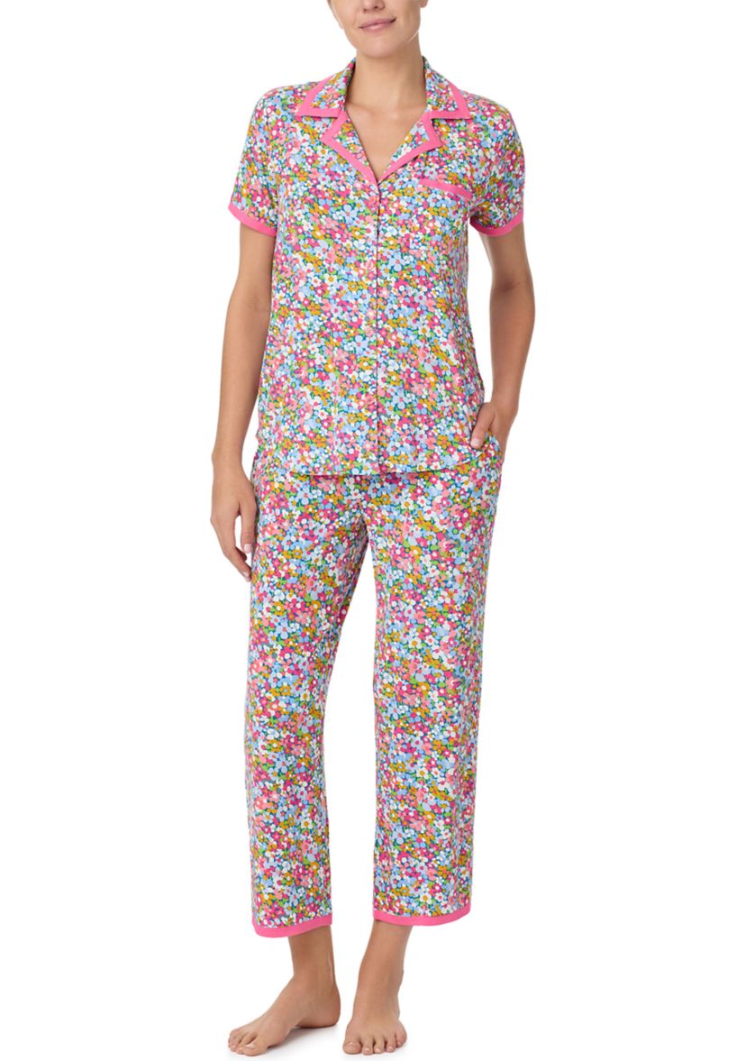 Womens Short Sleeve Crop Notch Pajama Set