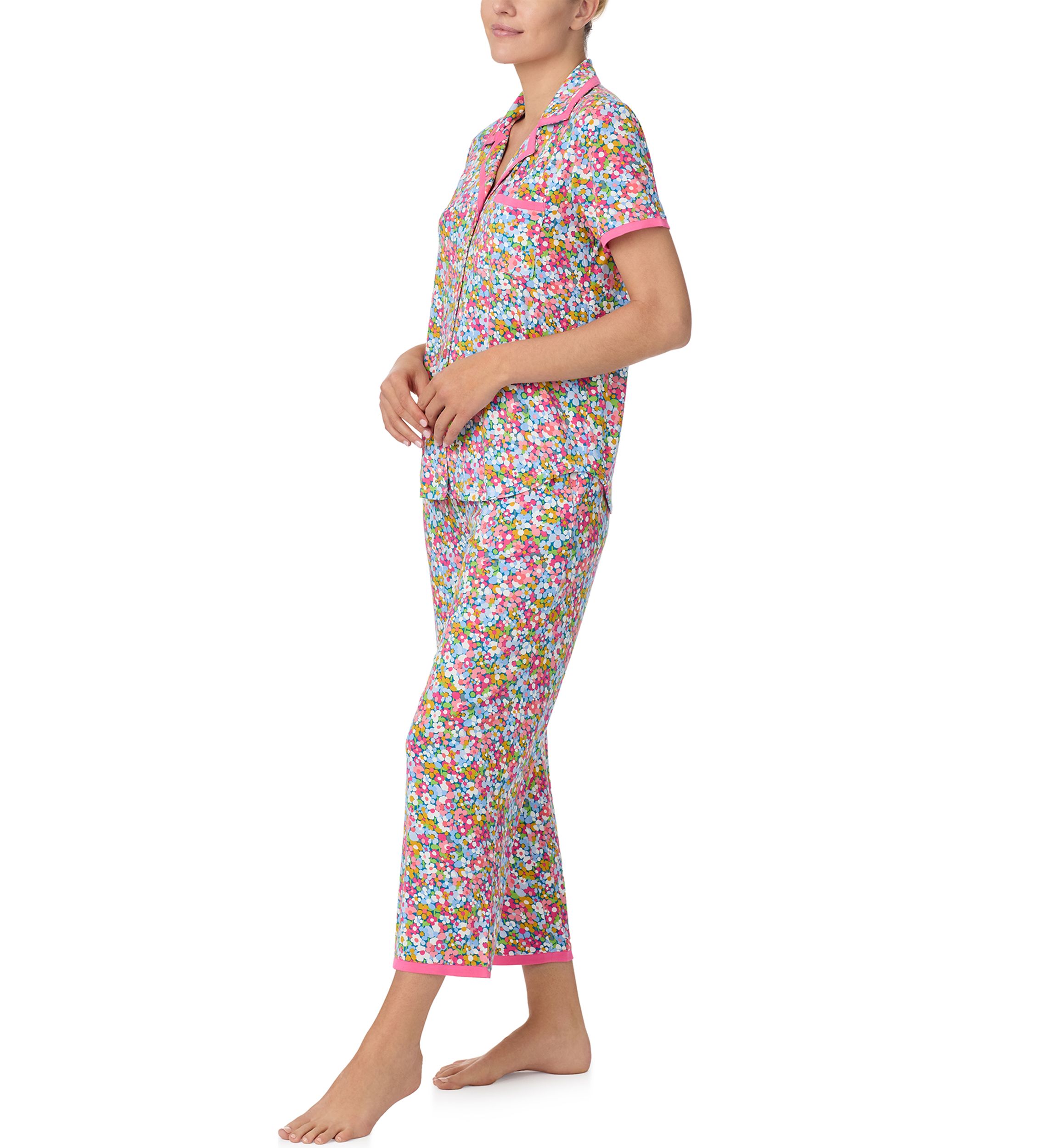 Womens Short Sleeve Crop Notch Pajama Set