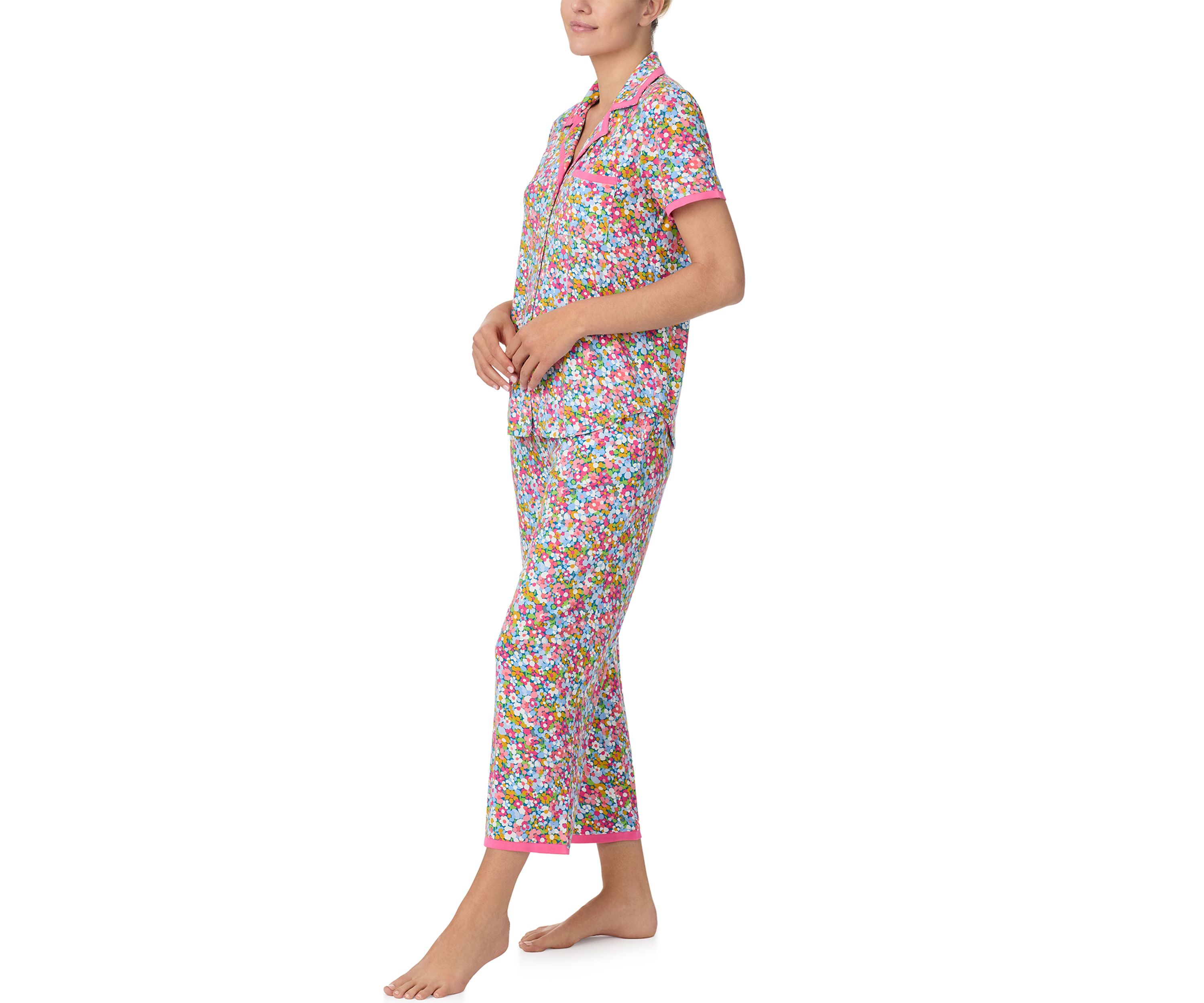Womens Short Sleeve Crop Notch Pajama Set