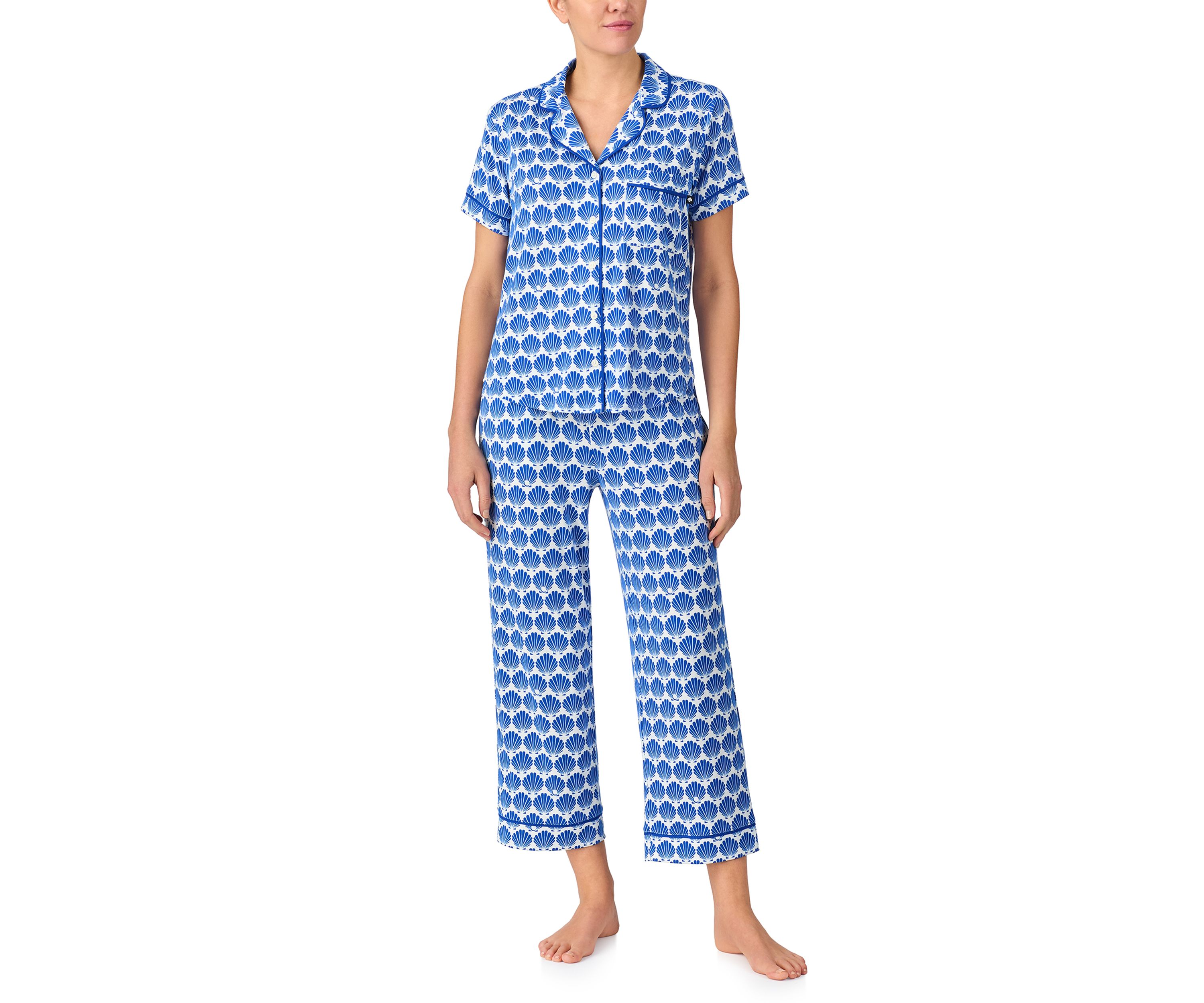 Womens Short Sleeve Cropped Notch Pajama Set