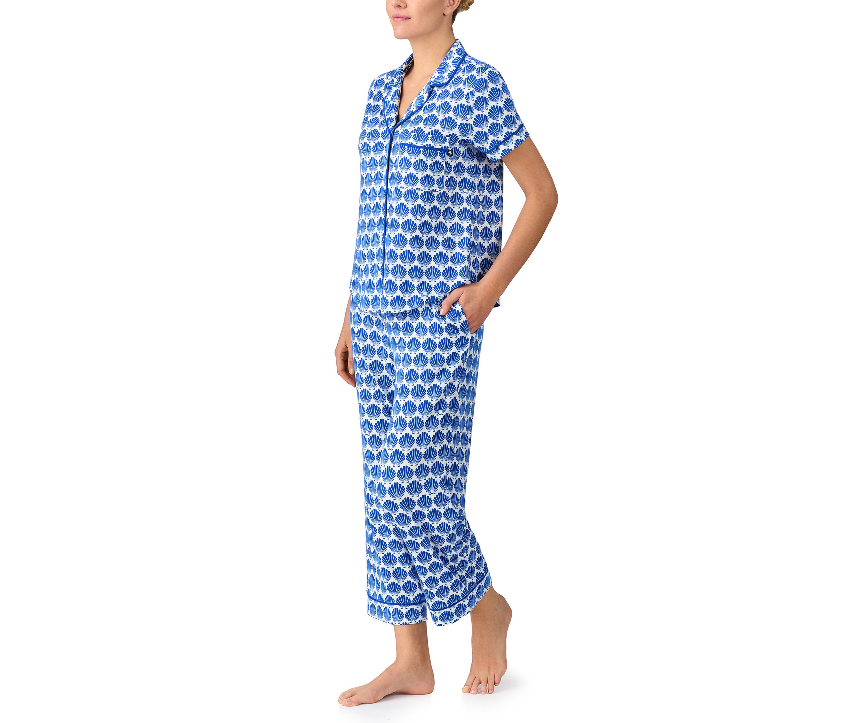Womens Short Sleeve Cropped Notch Pajama Set