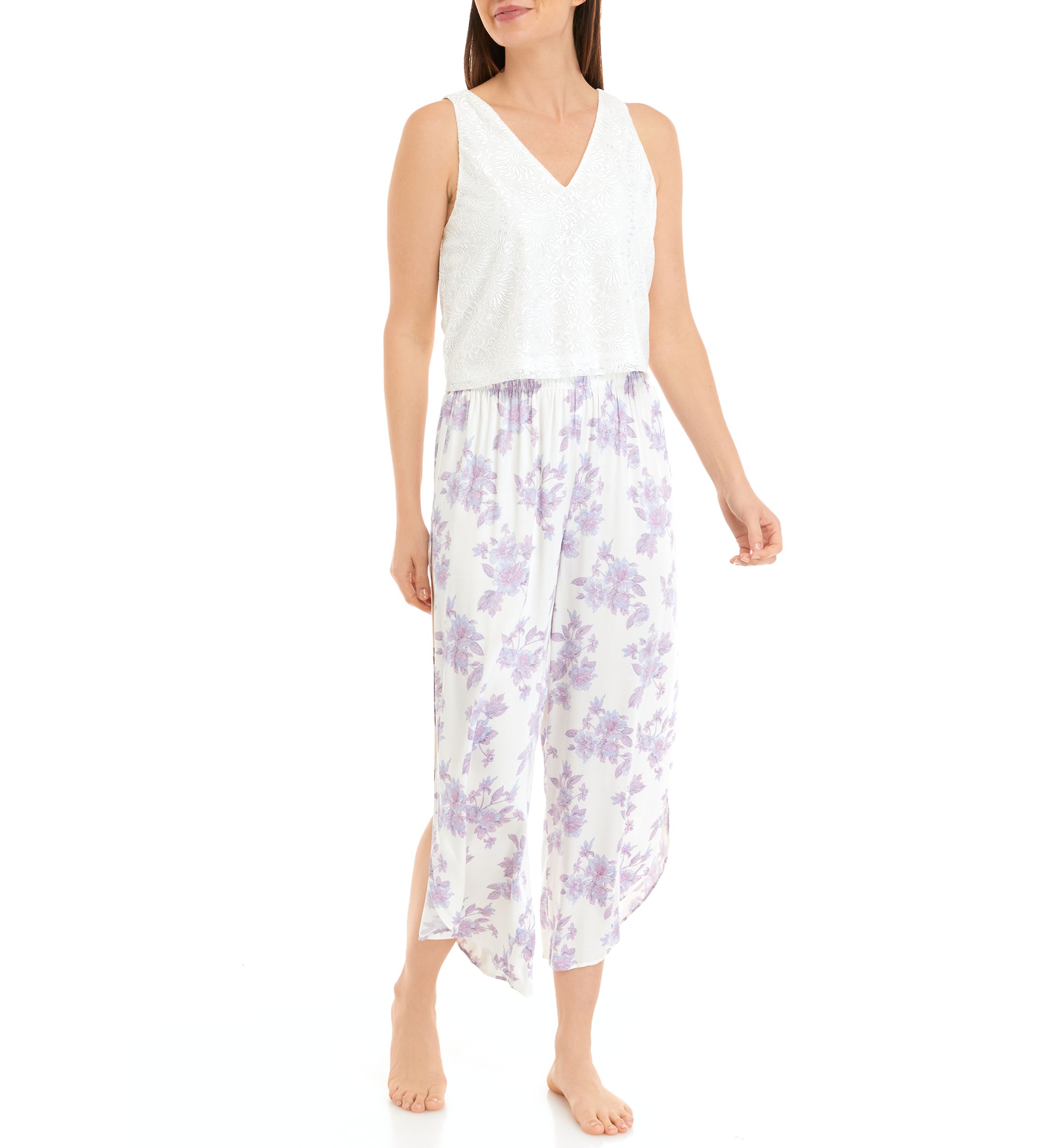 Womens Flyaway Pants with Deep V Lace Tank Top Pajama Set