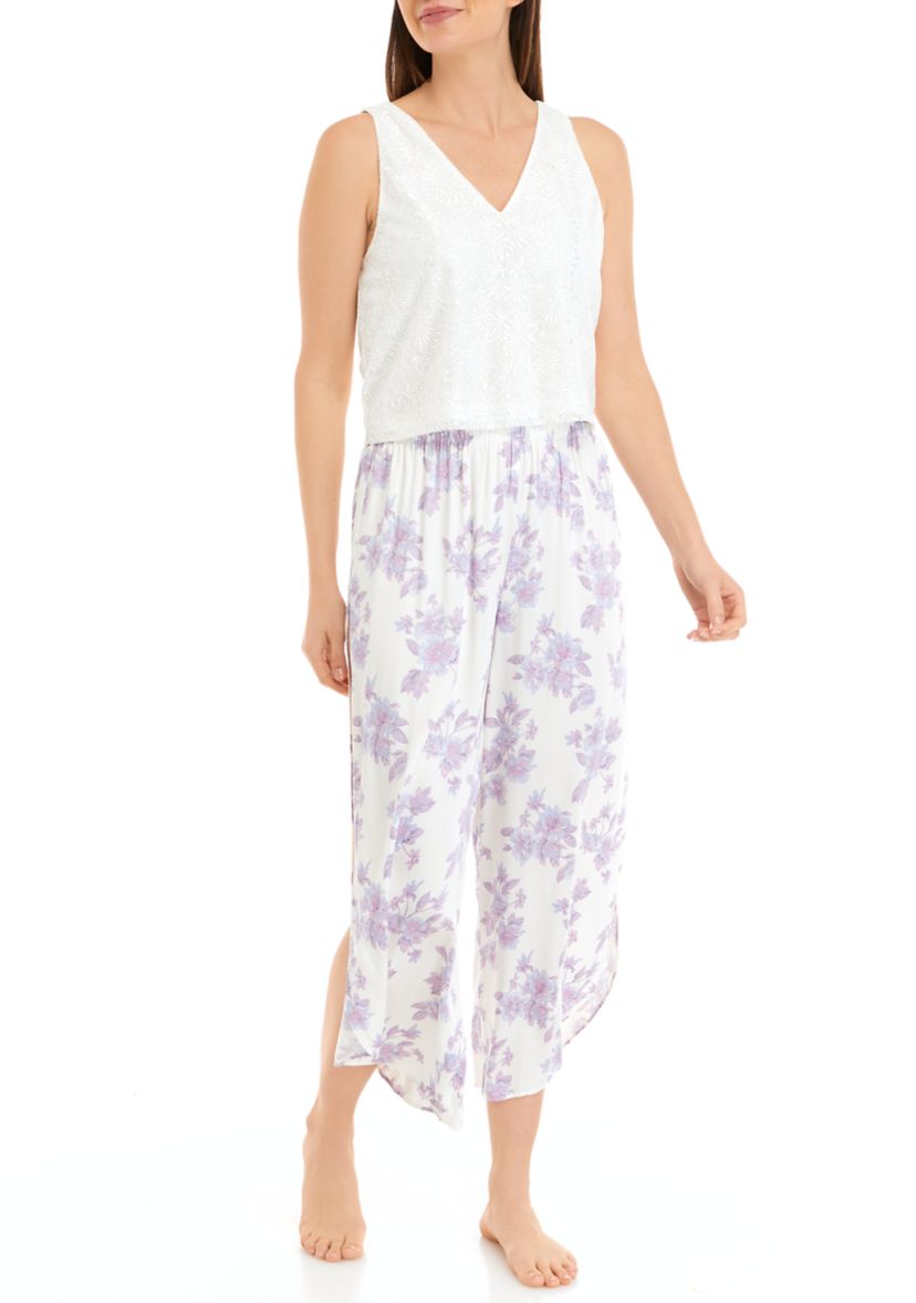 Womens Flyaway Pants with Deep V Lace Tank Top Pajama Set