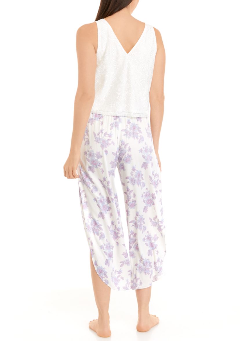 Womens Flyaway Pants with Deep V Lace Tank Top Pajama Set