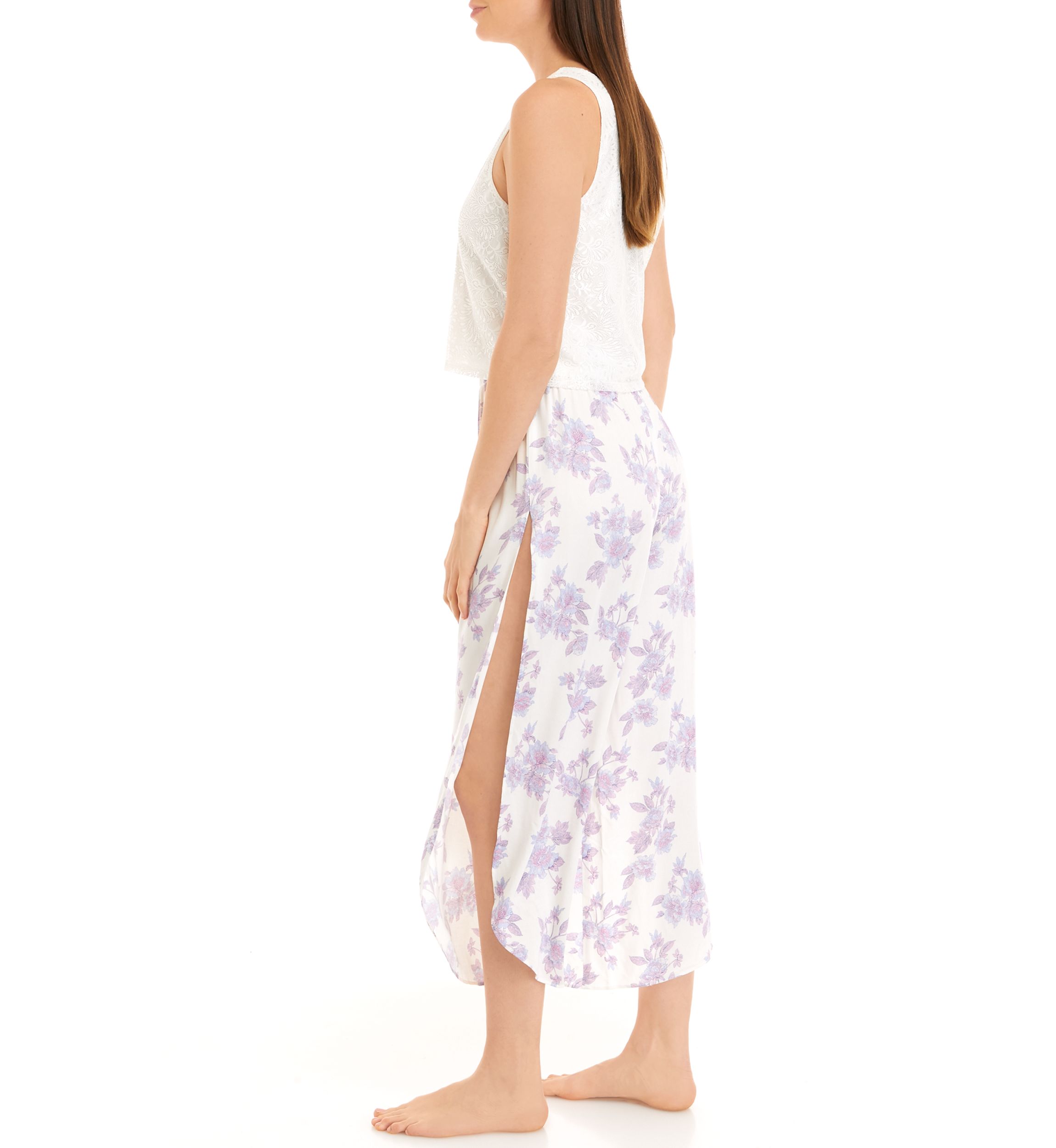 Womens Flyaway Pants with Deep V Lace Tank Top Pajama Set
