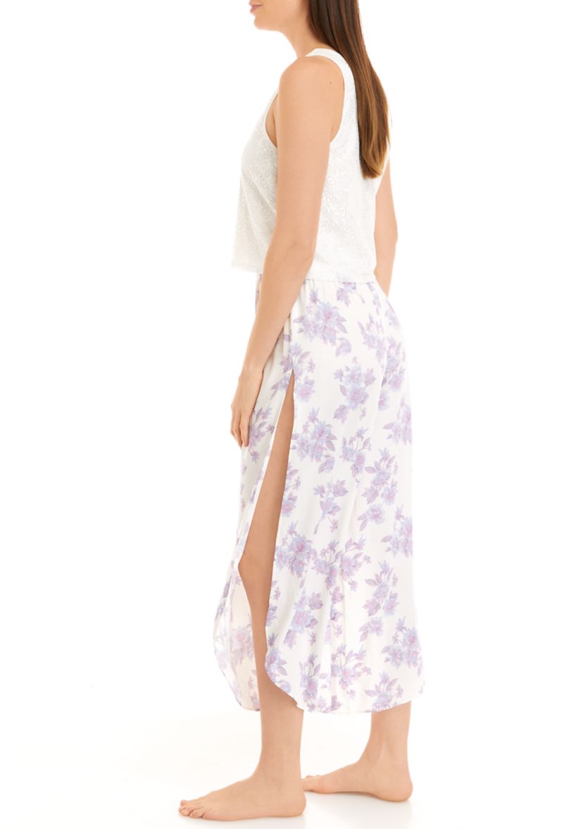 Womens Flyaway Pants with Deep V Lace Tank Top Pajama Set
