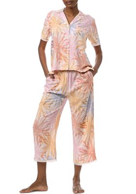 Short Sleeve Notch Collar Top and Cropped Pants Woven Pajama Set