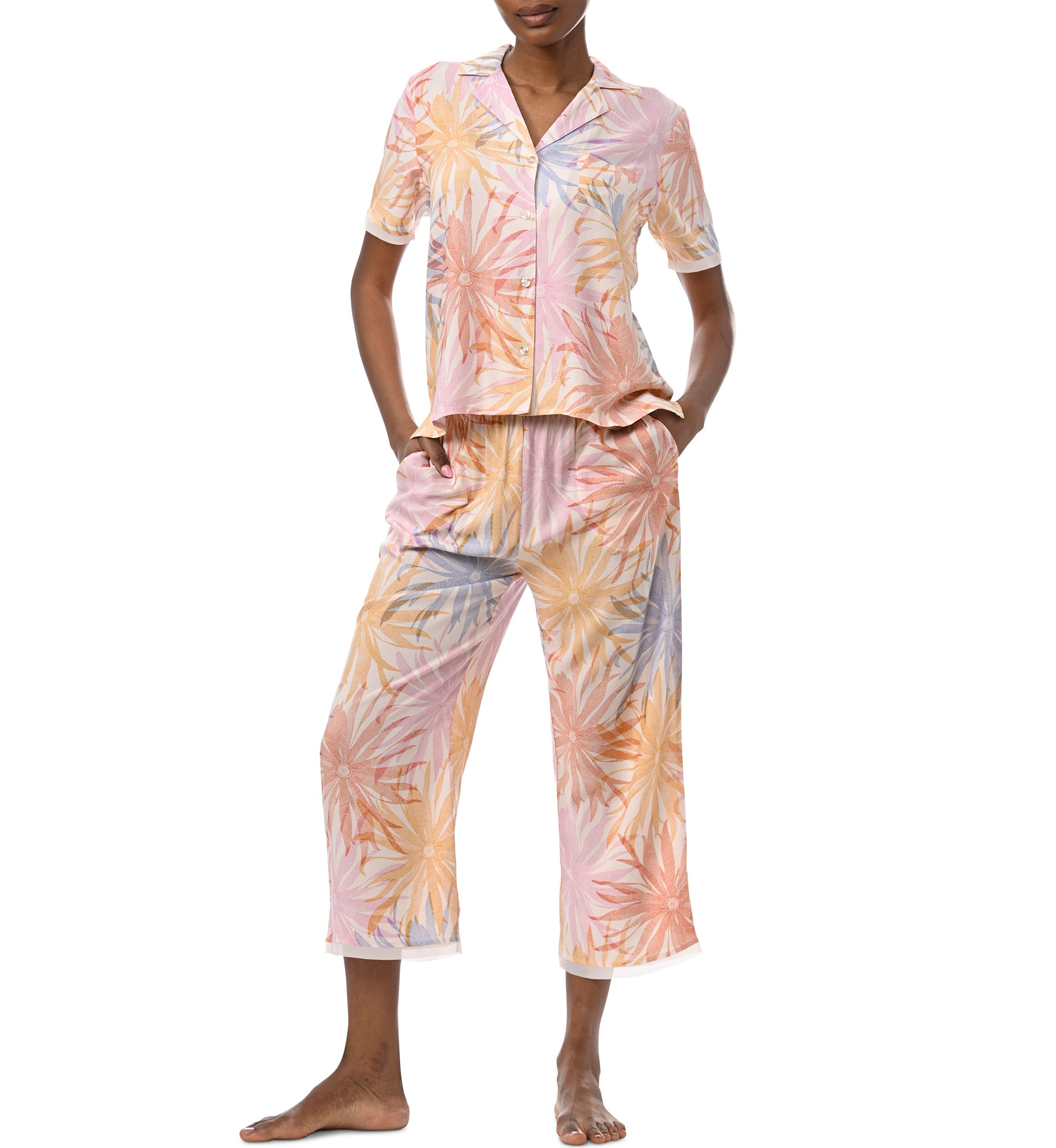 Short Sleeve Notch Collar Top and Cropped Pants Woven Pajama Set