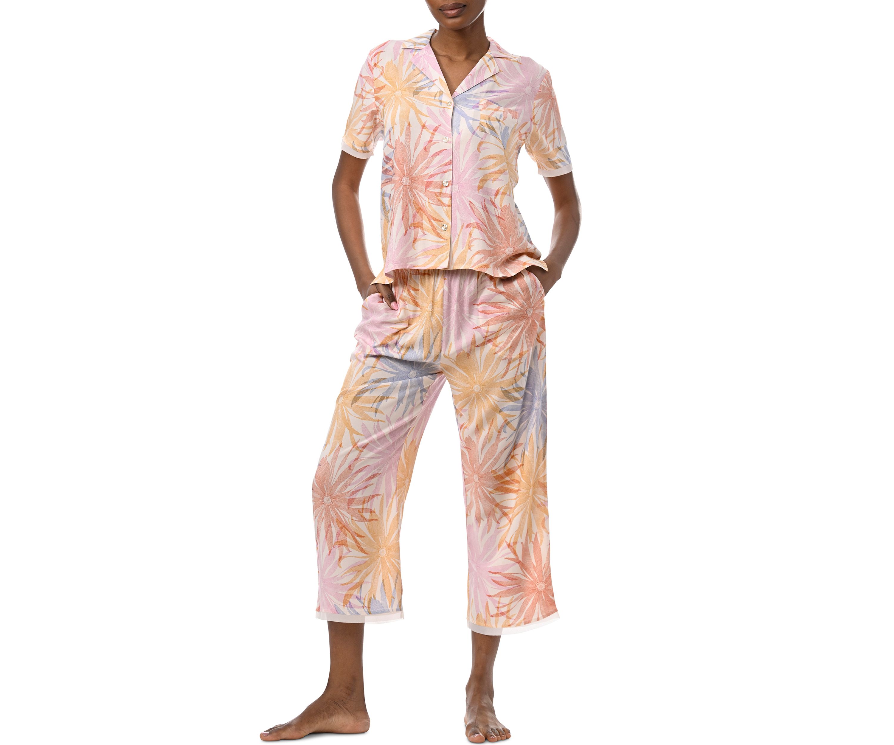Short Sleeve Notch Collar Top and Cropped Pants Woven Pajama Set