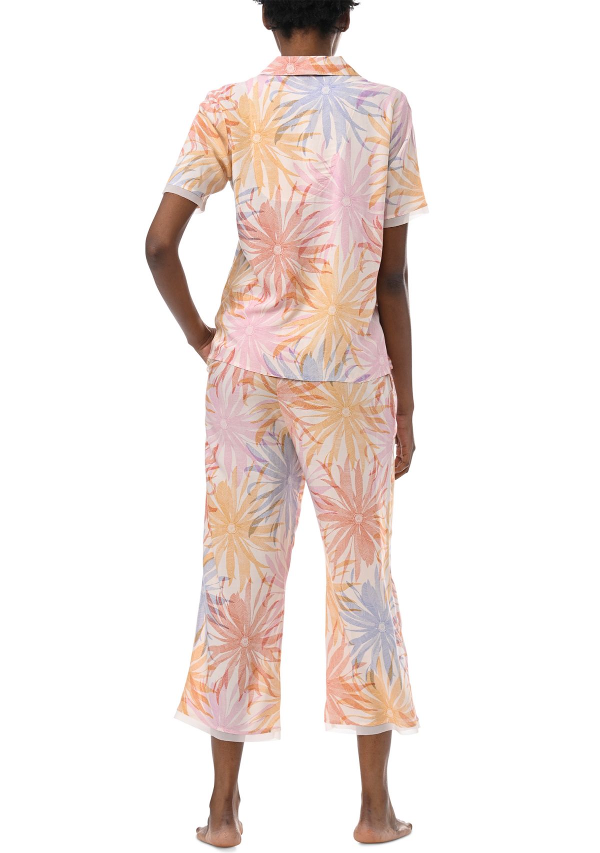 Short Sleeve Notch Collar Top and Cropped Pants Woven Pajama Set