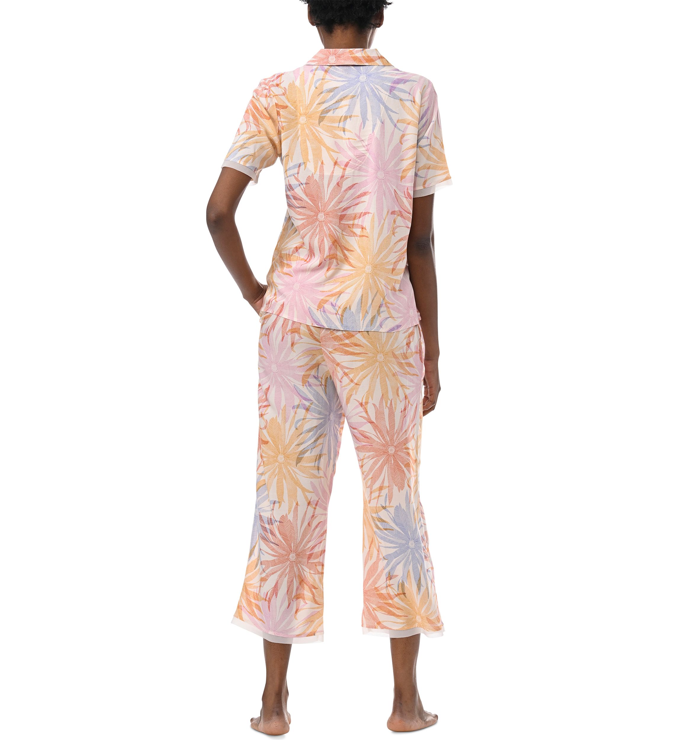 Short Sleeve Notch Collar Top and Cropped Pants Woven Pajama Set