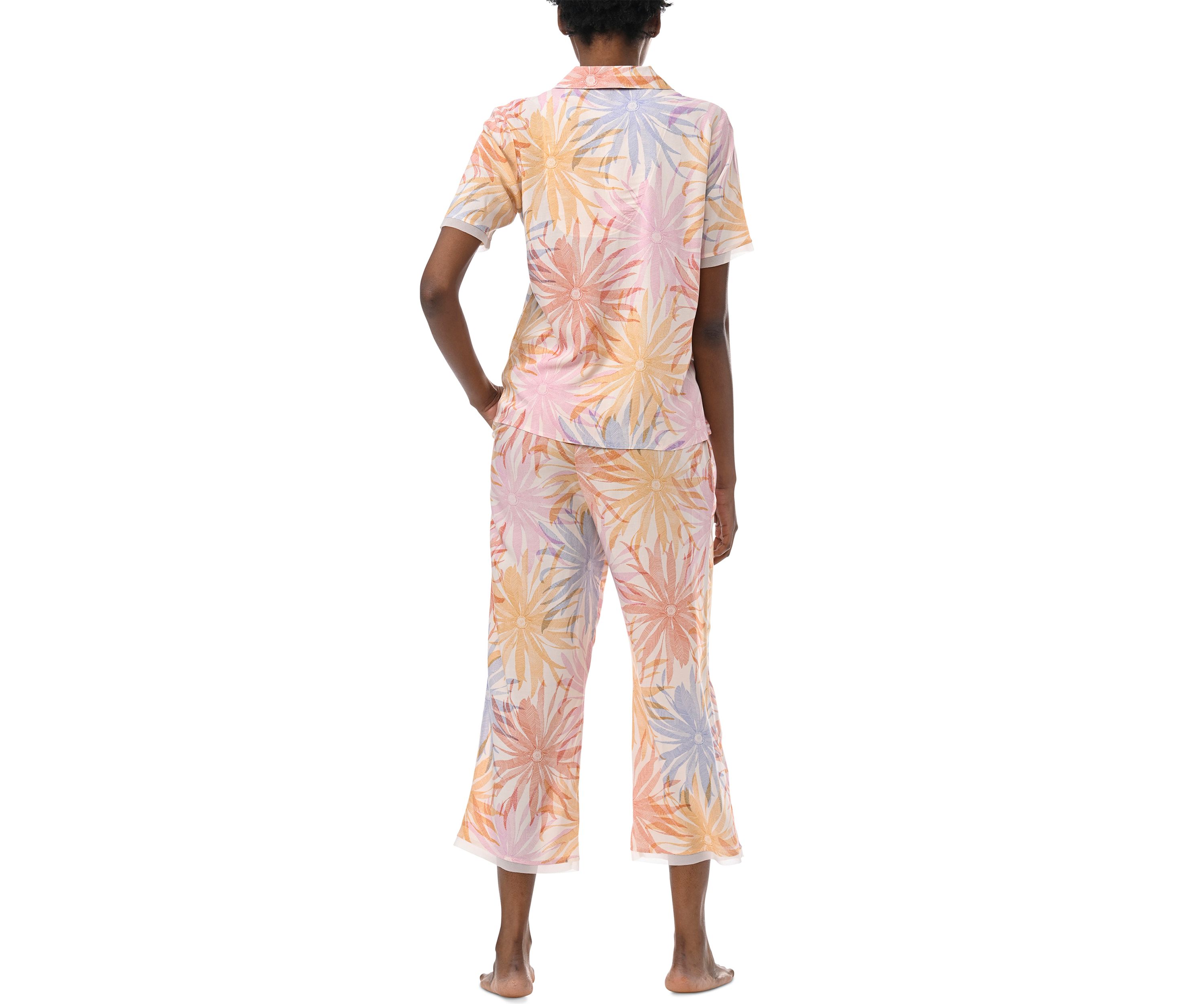Short Sleeve Notch Collar Top and Cropped Pants Woven Pajama Set