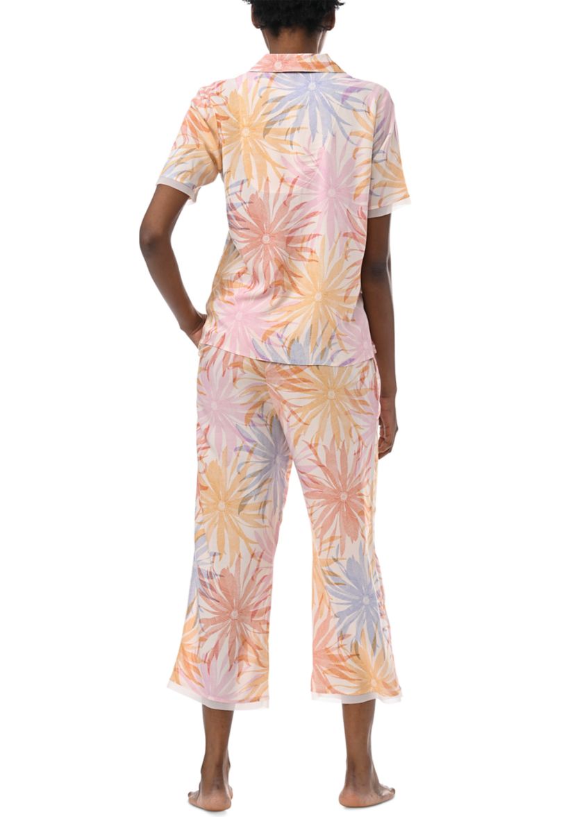 Short Sleeve Notch Collar Top and Cropped Pants Woven Pajama Set