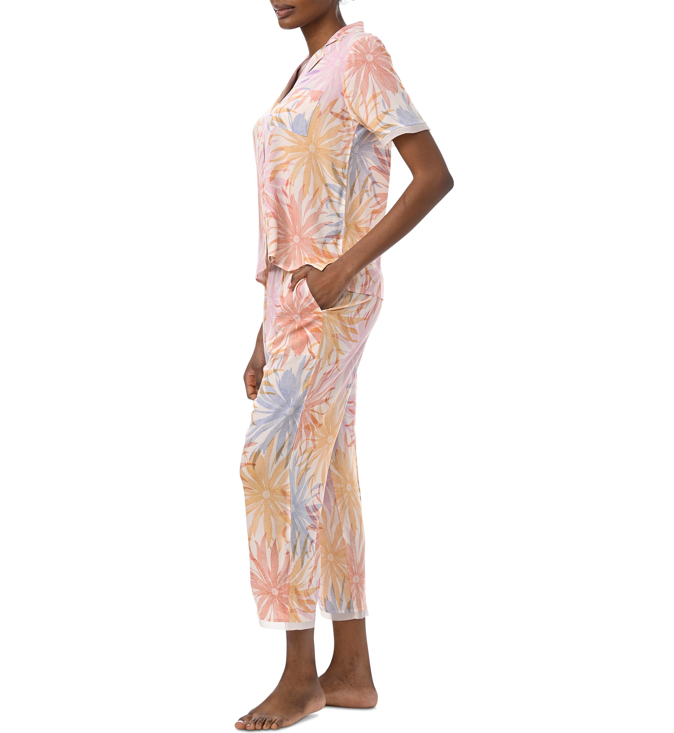 Short Sleeve Notch Collar Top and Cropped Pants Woven Pajama Set