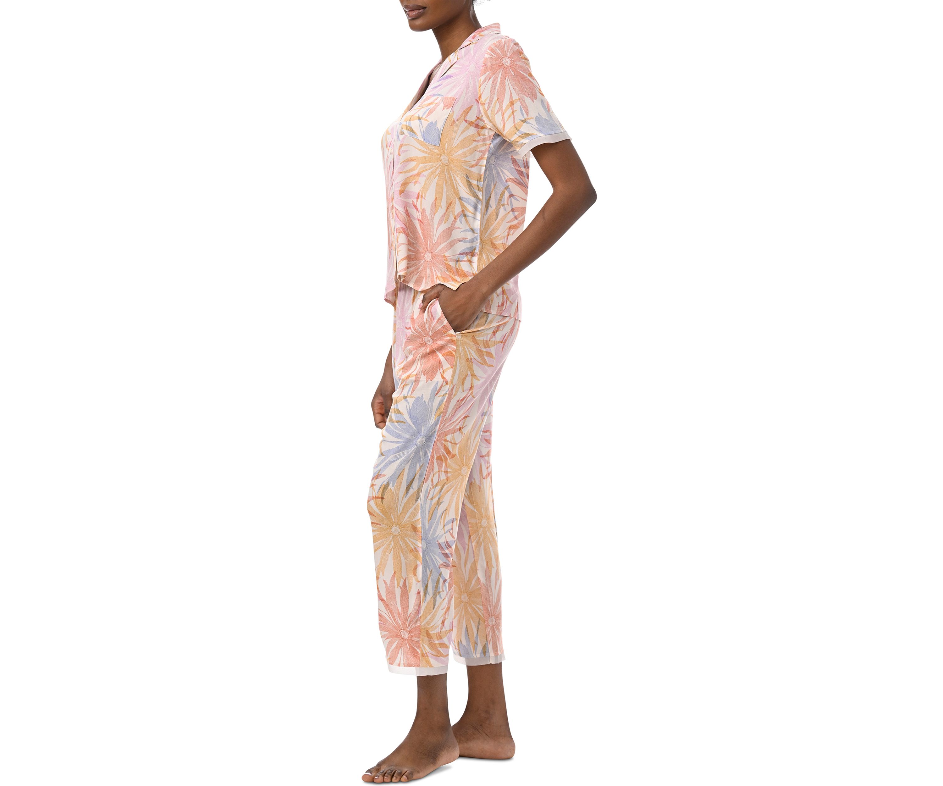 Short Sleeve Notch Collar Top and Cropped Pants Woven Pajama Set