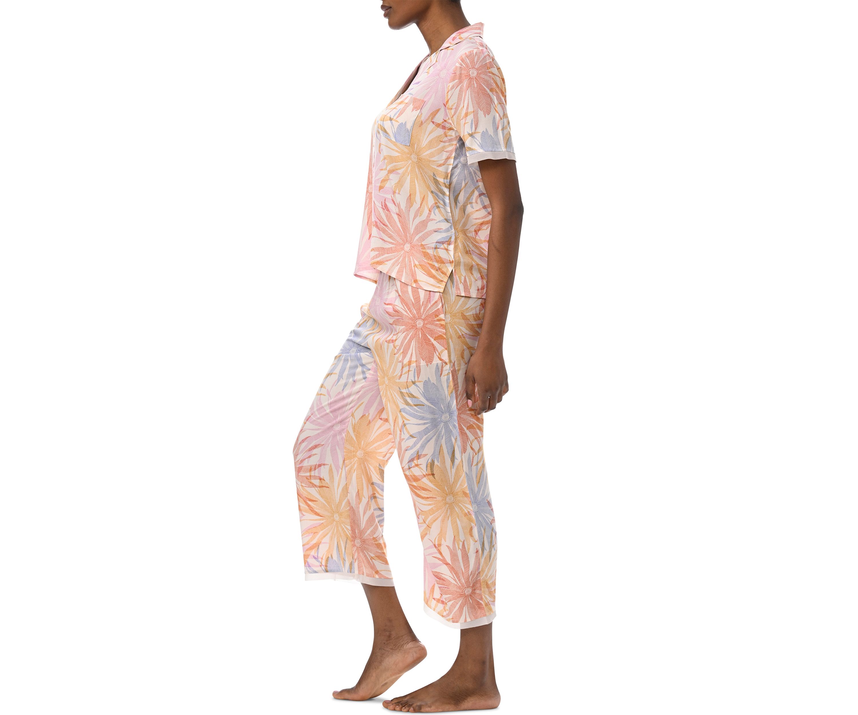 Short Sleeve Notch Collar Top and Cropped Pants Woven Pajama Set