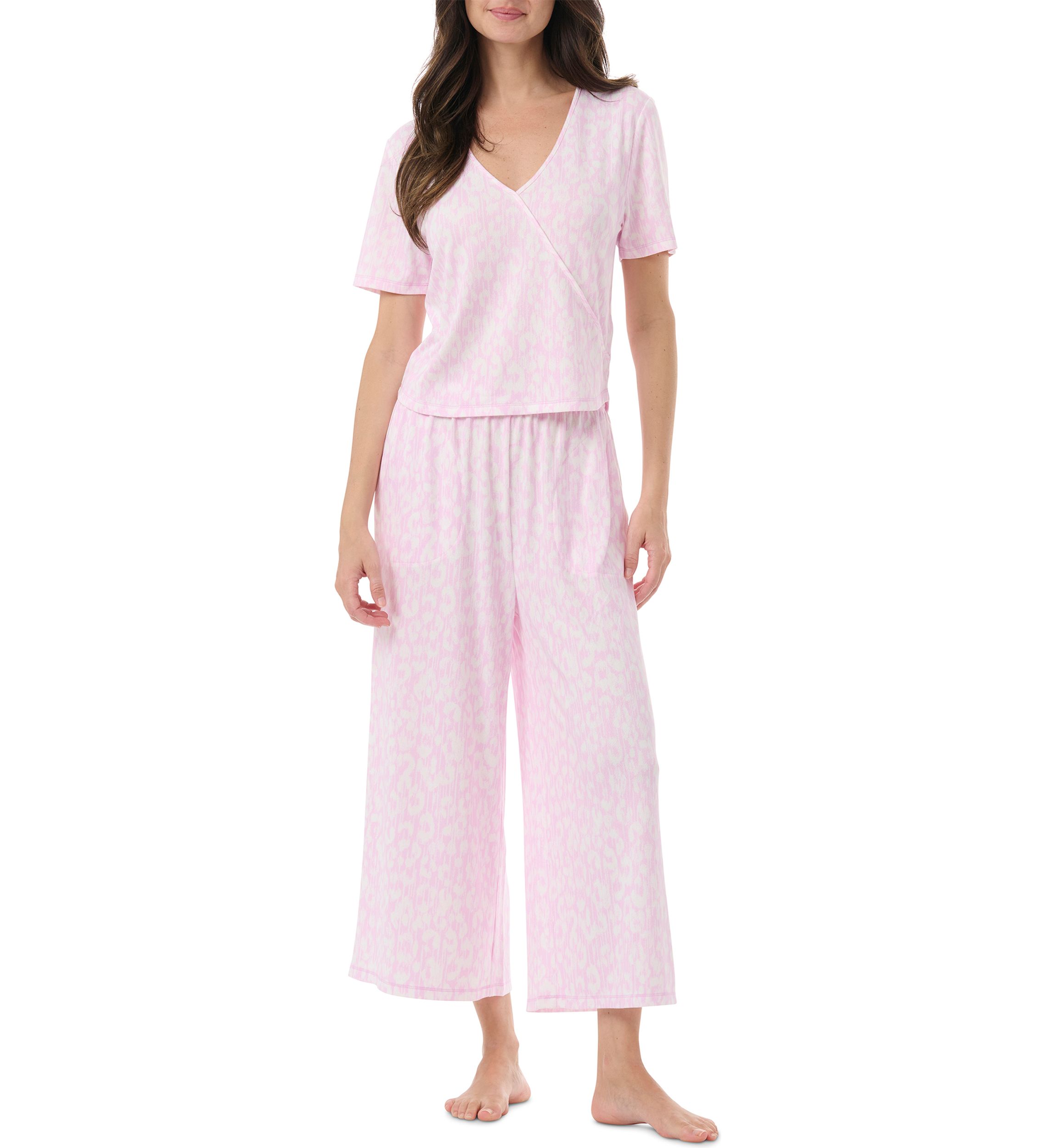 Short Sleeve Wrap T-Shirt and Cropped Pants Pajama Set