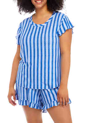 Sleep Riot Womens 2-Piece Ruffle Pajama Set Blue Top & Shorts