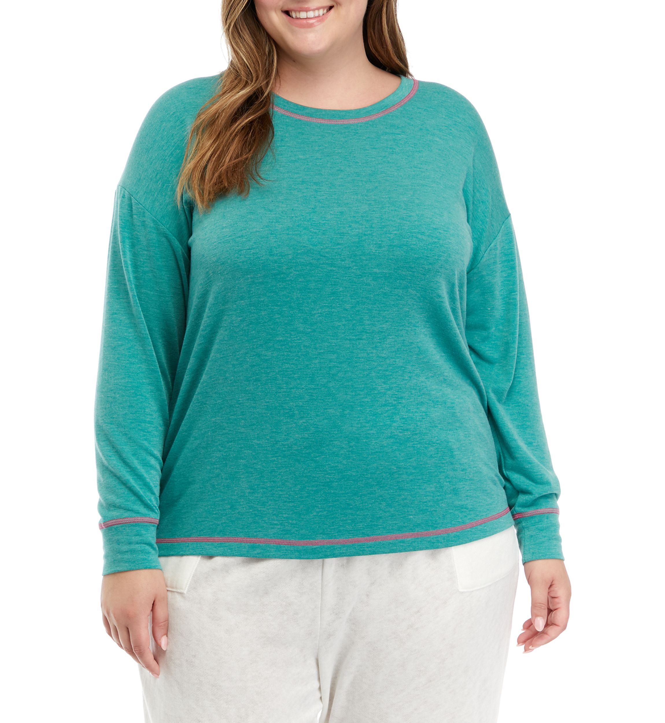 Plus Size Long Sleeve Butter Knit Crew Neck Pajama Top with Stitching