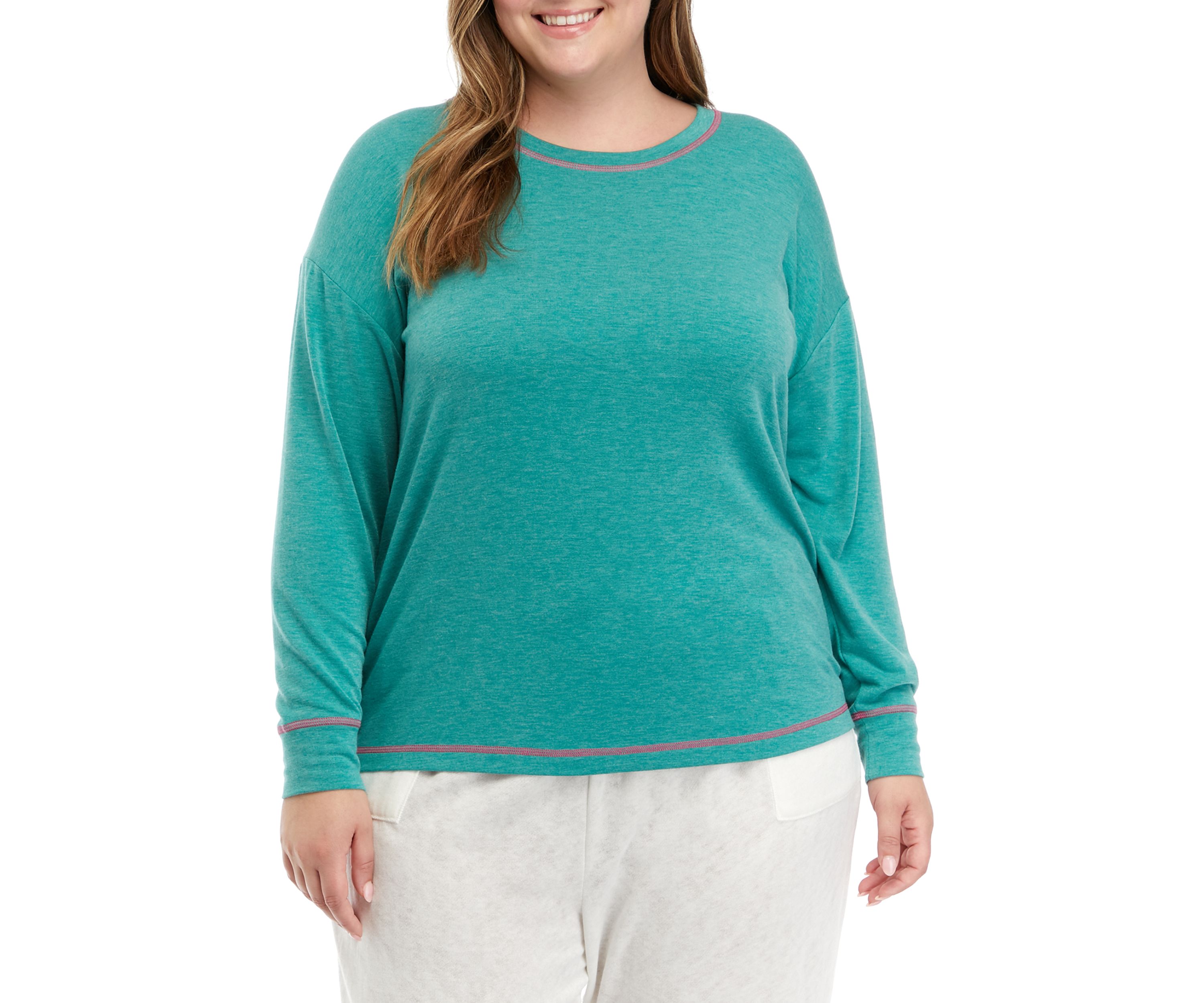 Plus Size Long Sleeve Butter Knit Crew Neck Pajama Top with Stitching