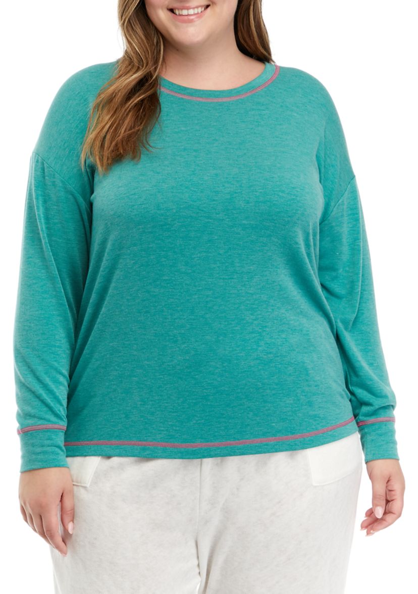 Plus Size Long Sleeve Butter Knit Crew Neck Pajama Top with Stitching