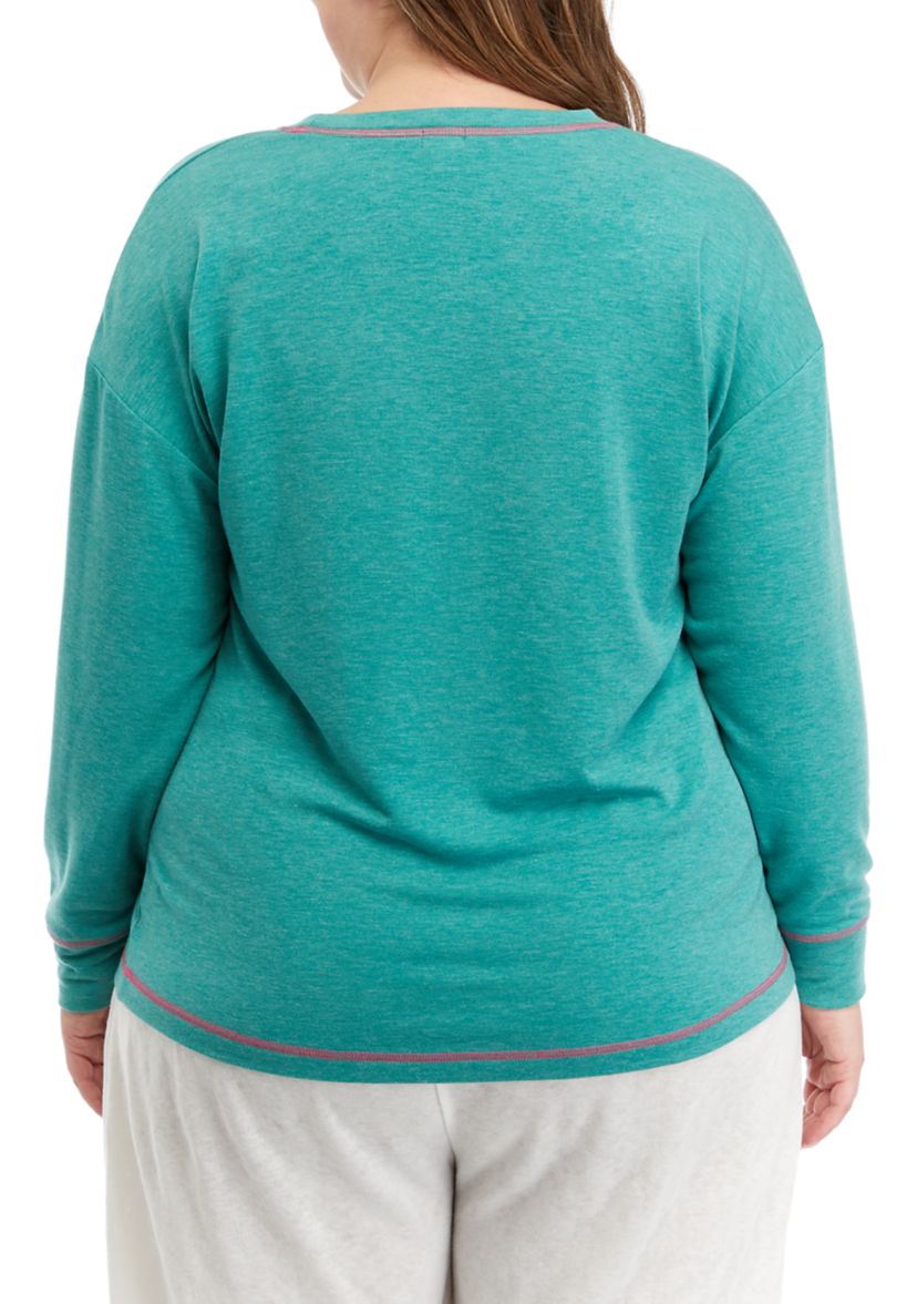 Plus Size Long Sleeve Butter Knit Crew Neck Pajama Top with Stitching