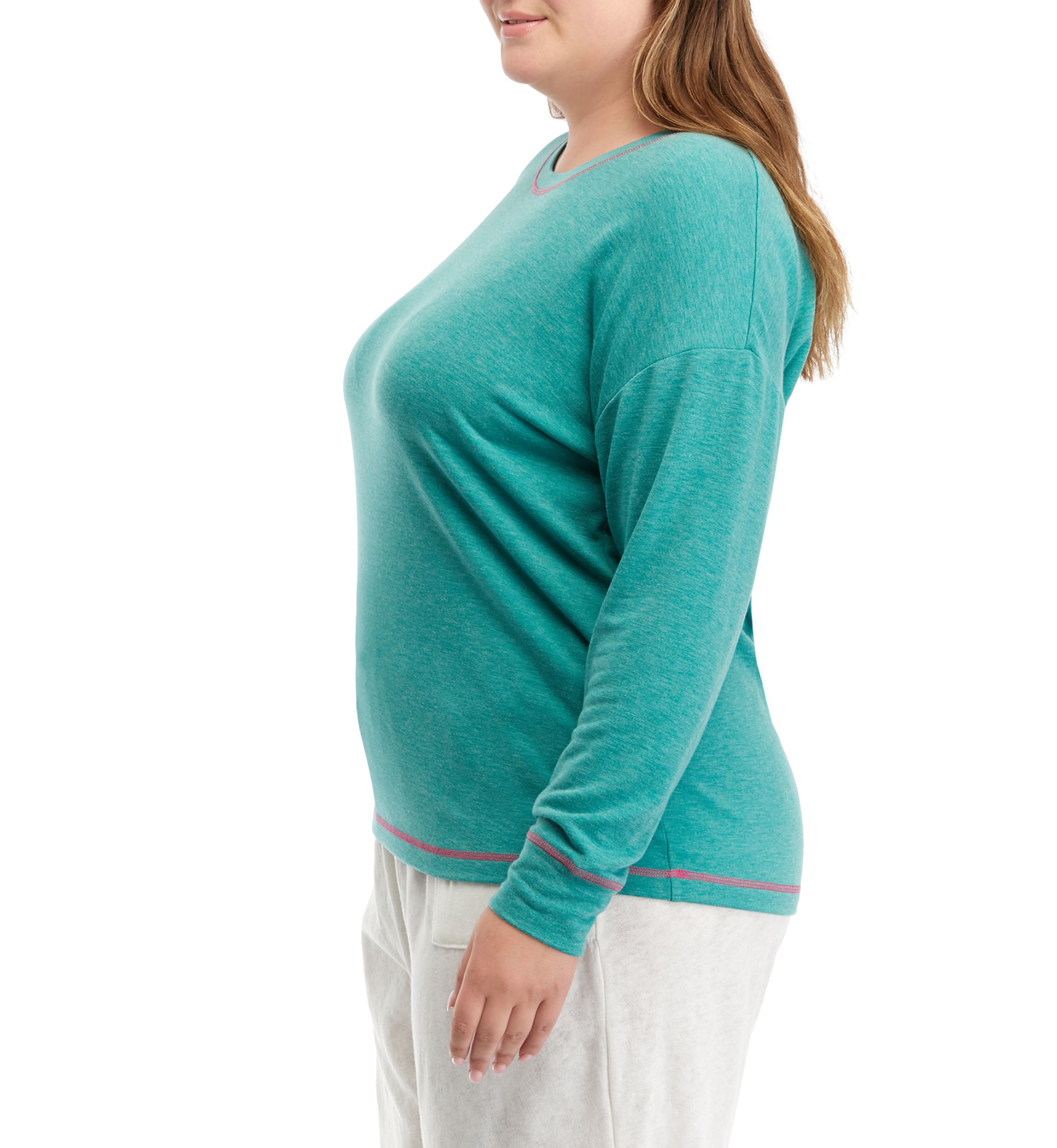 Plus Size Long Sleeve Butter Knit Crew Neck Pajama Top with Stitching