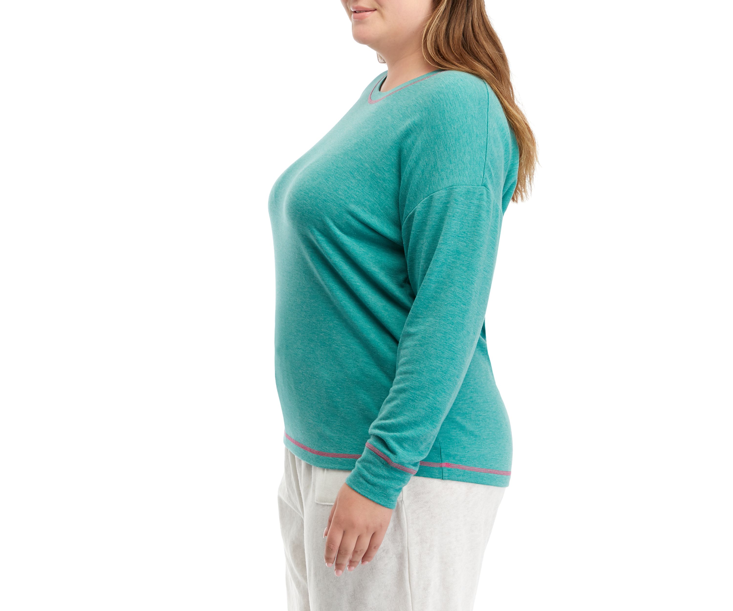 Plus Size Long Sleeve Butter Knit Crew Neck Pajama Top with Stitching