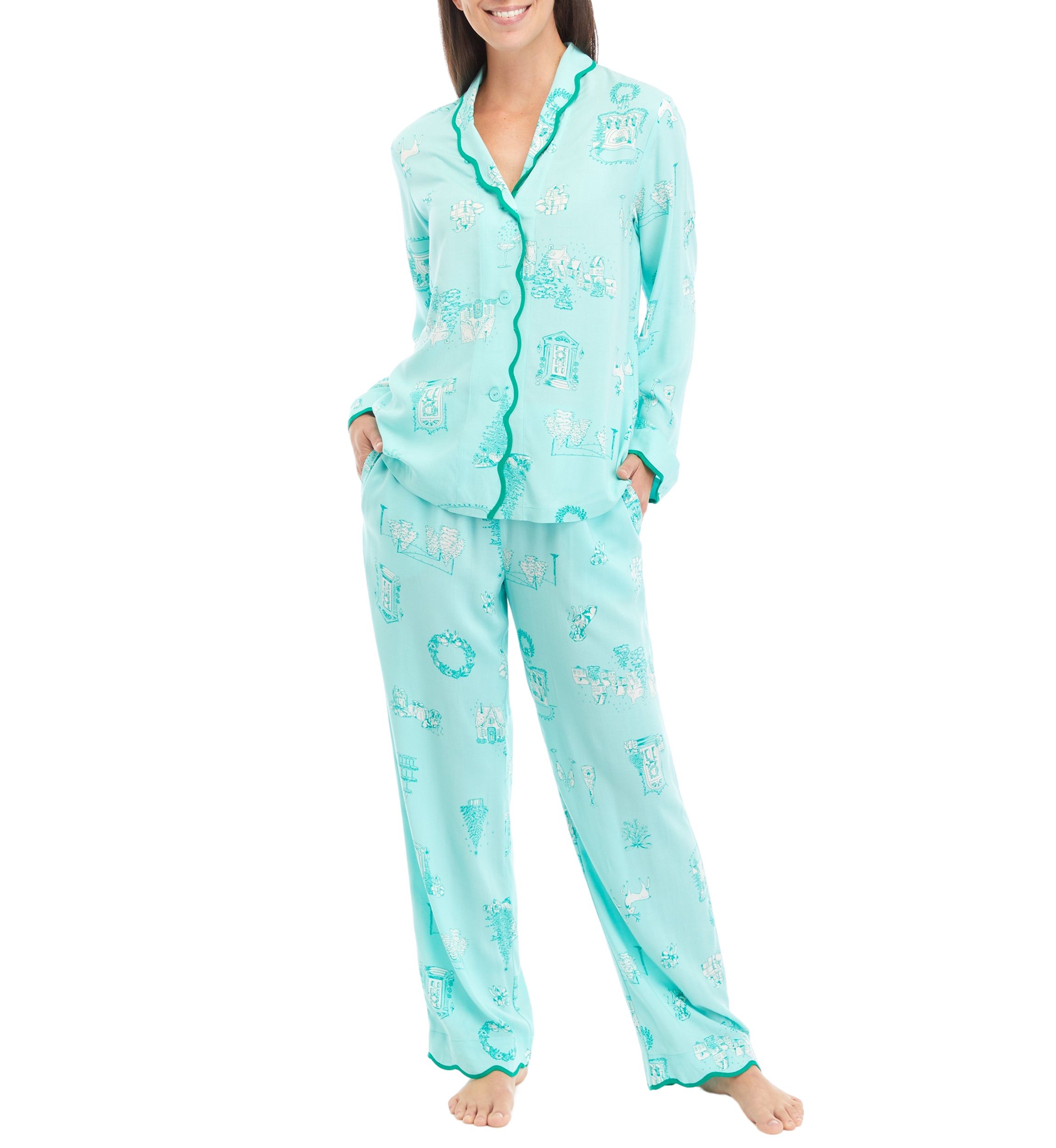 Scalloped Hem Poplin Printed Pajama Set
