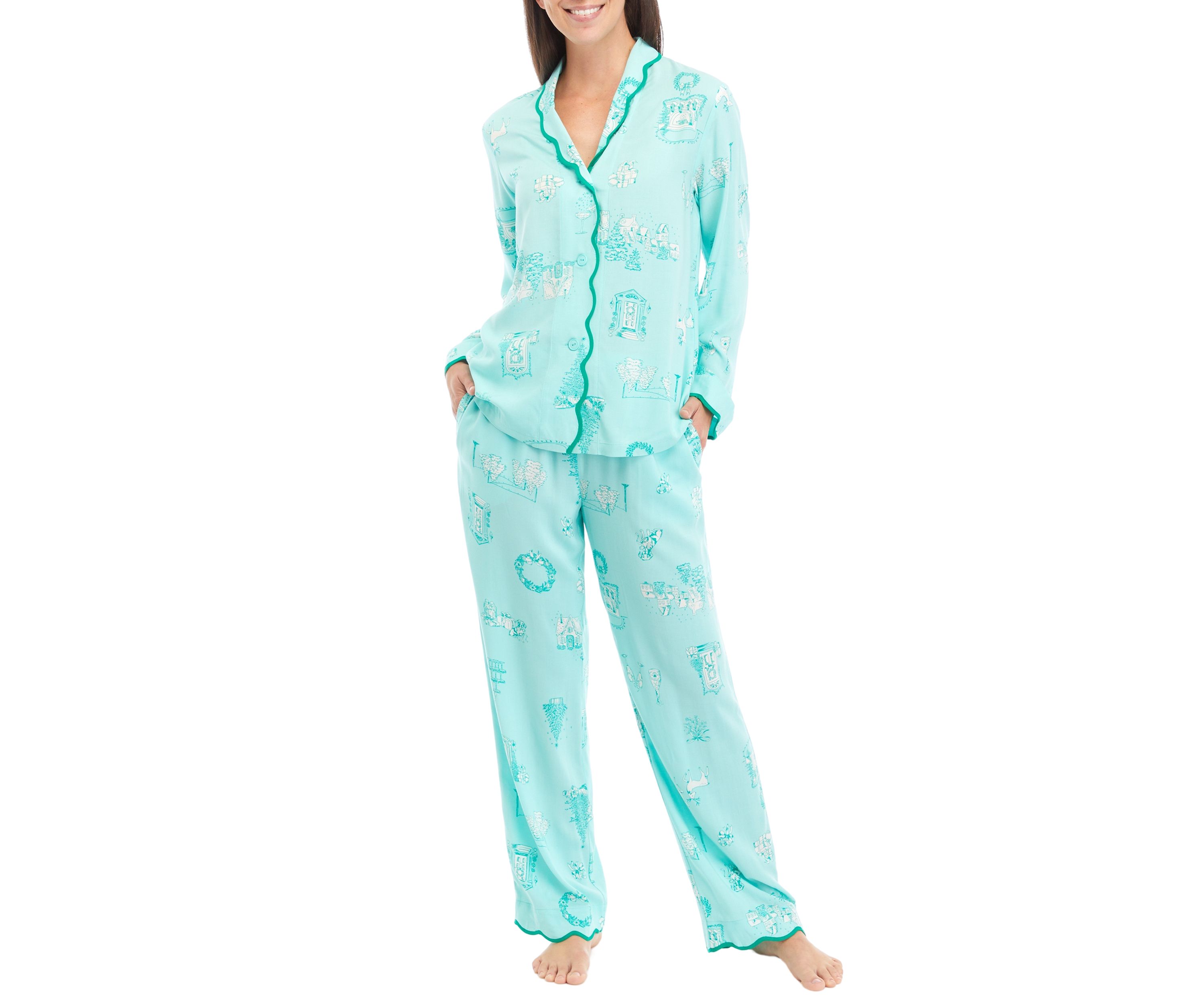Scalloped Hem Poplin Printed Pajama Set
